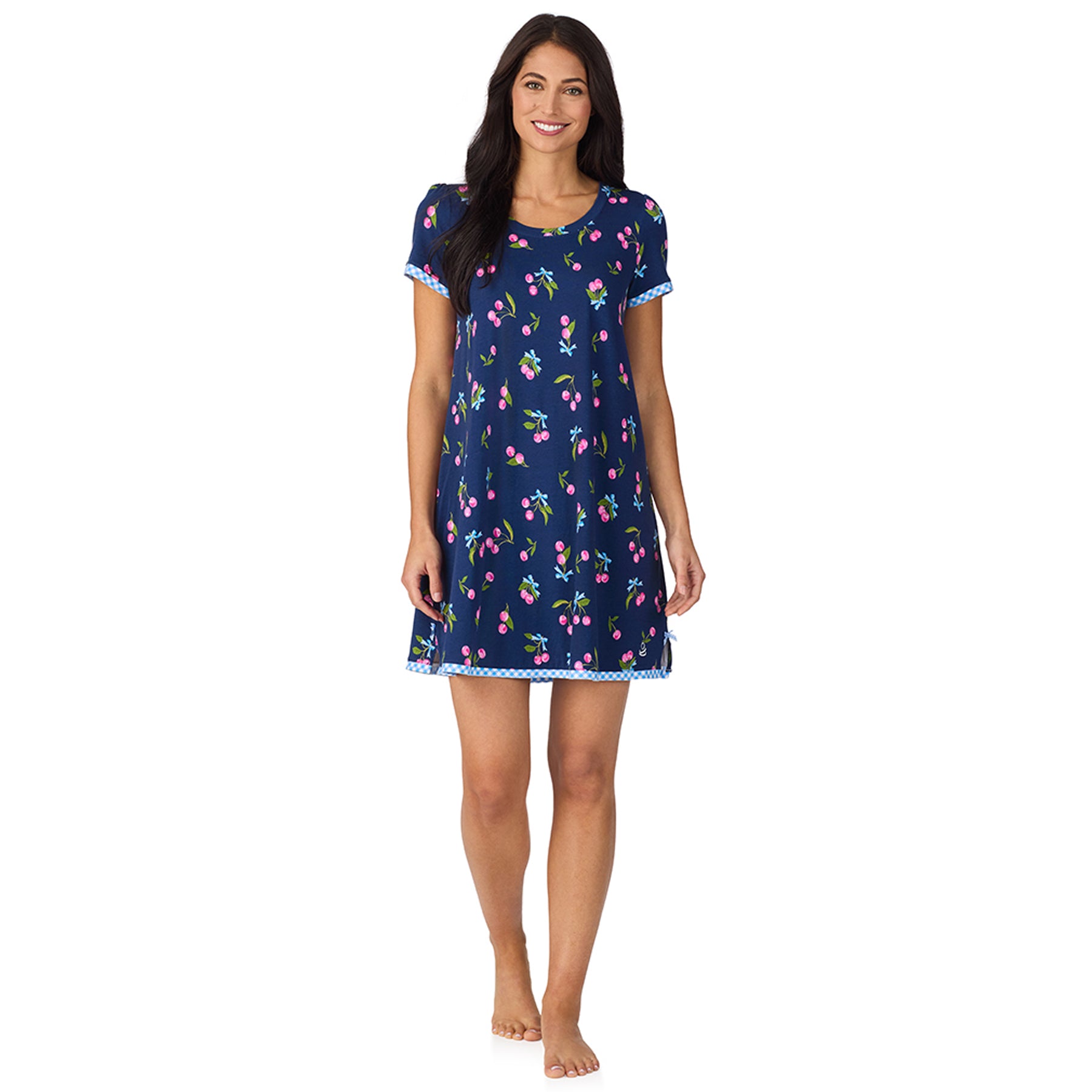 Front view of short sleeve navy nightgown with cherry print and relaxed A-line silhouette on model