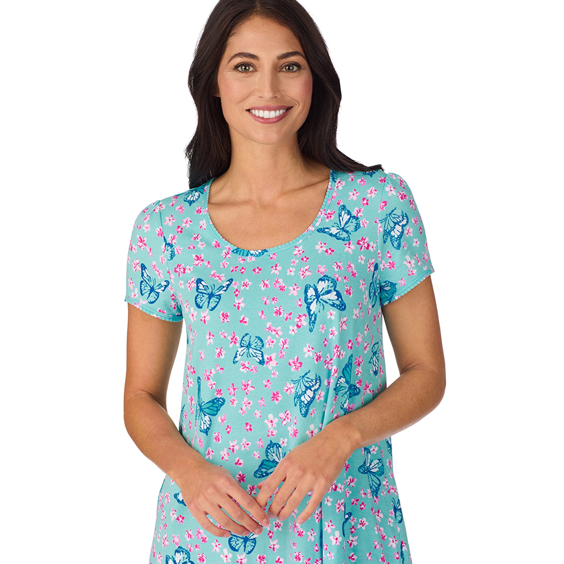Close-up of aqua nightgown with butterfly and floral print and soft scoop neckline detail
