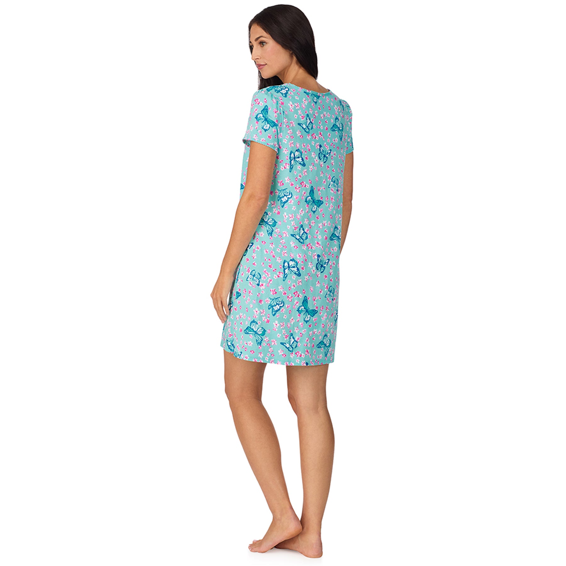 Back view of aqua butterfly print nightgown with knee-length cut and comfortable loose fit
