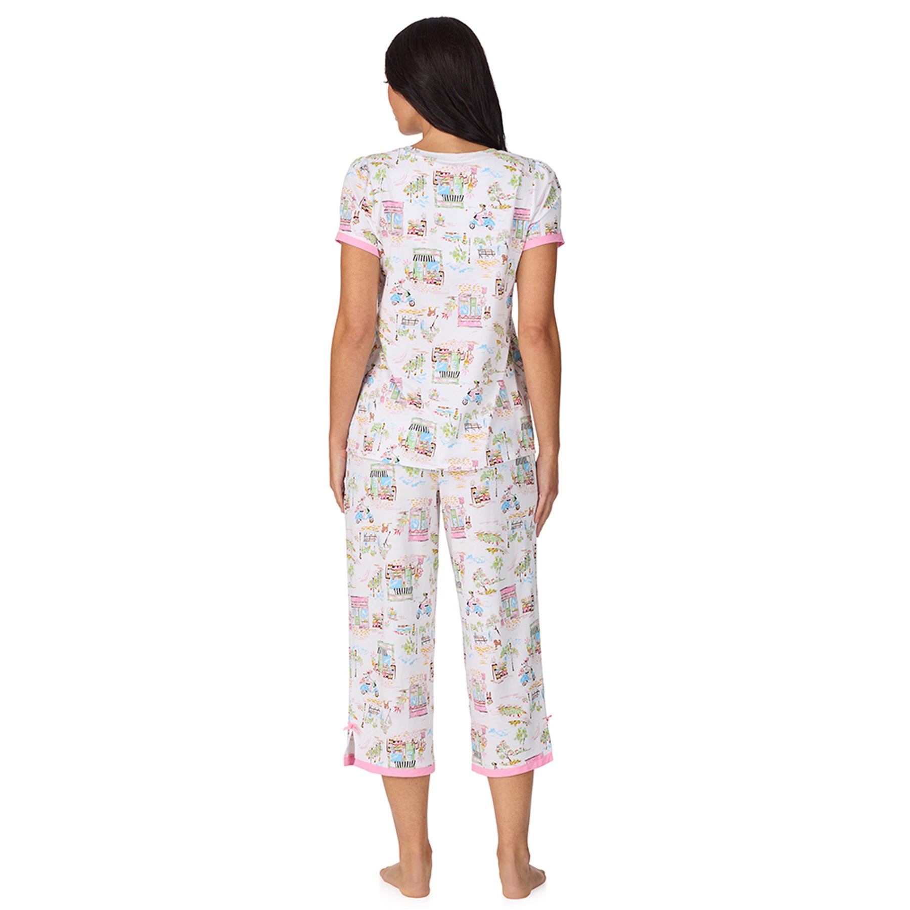 Back view of white printed pyjama set with short sleeves and cropped pants in loose comfortable silhouette