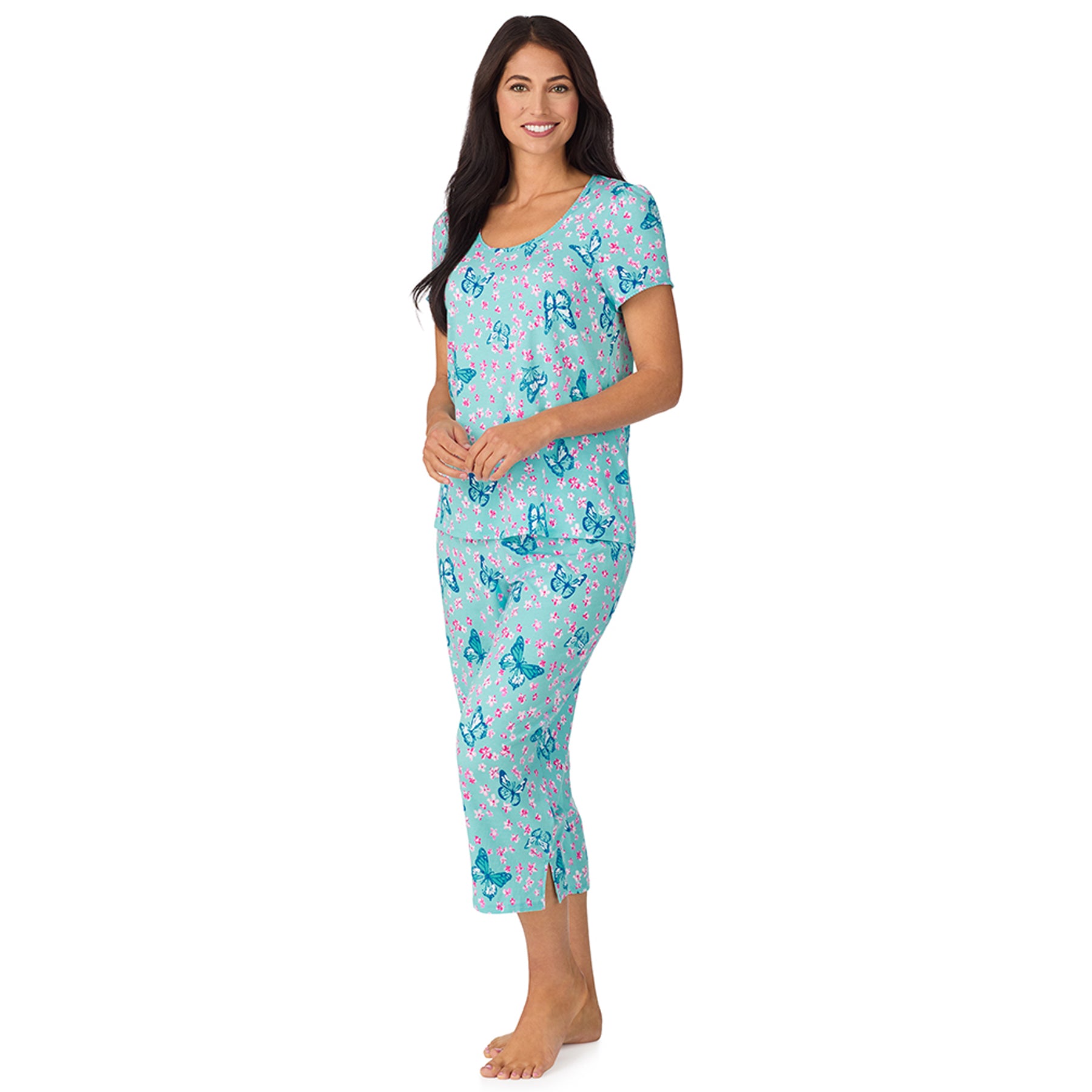 Side angle of aqua butterfly print pyjama set with relaxed fit and lightweight fabric