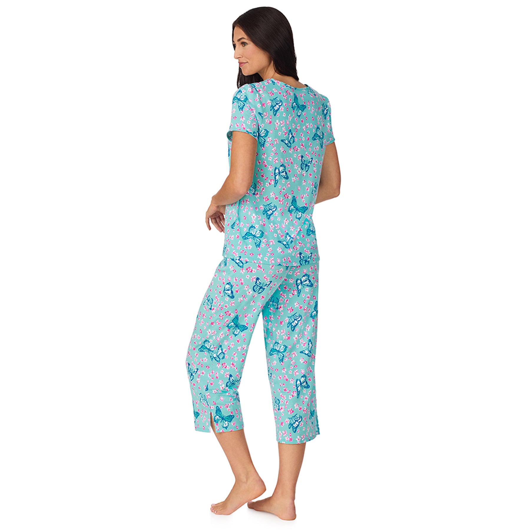 Back view of aqua butterfly print pyjama set with capri pants and comfortable loose silhouette