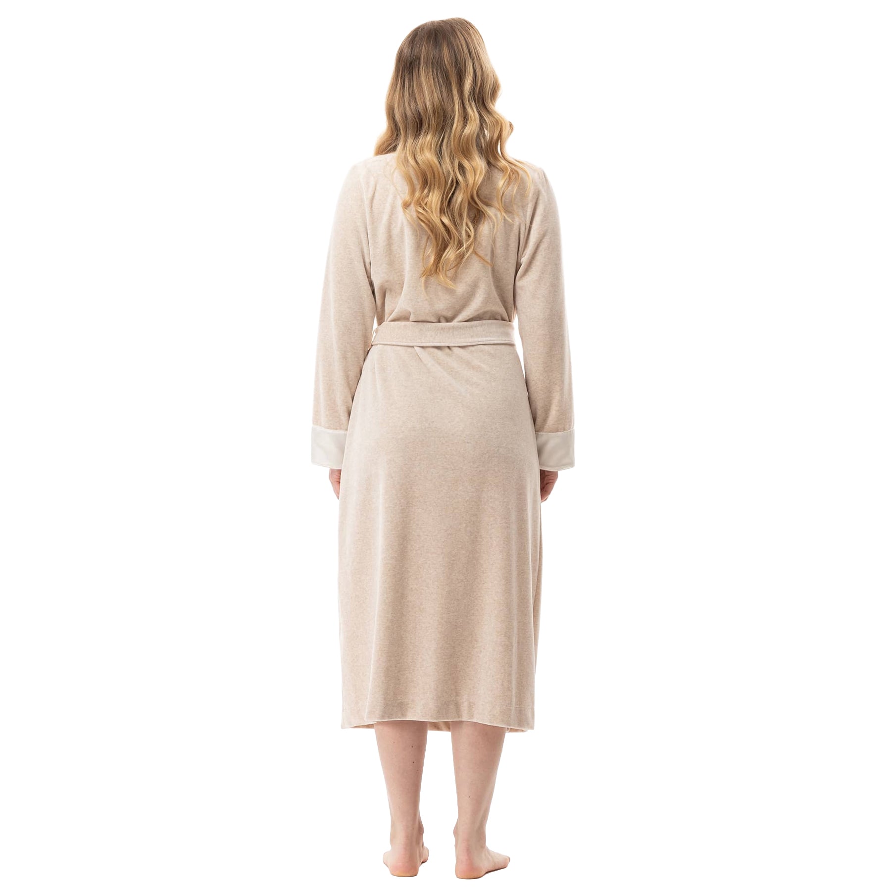 Back view of a long beige velour wrap robe with a belted waist, long sleeves, ivory satin cuffs, and mid-calf length.