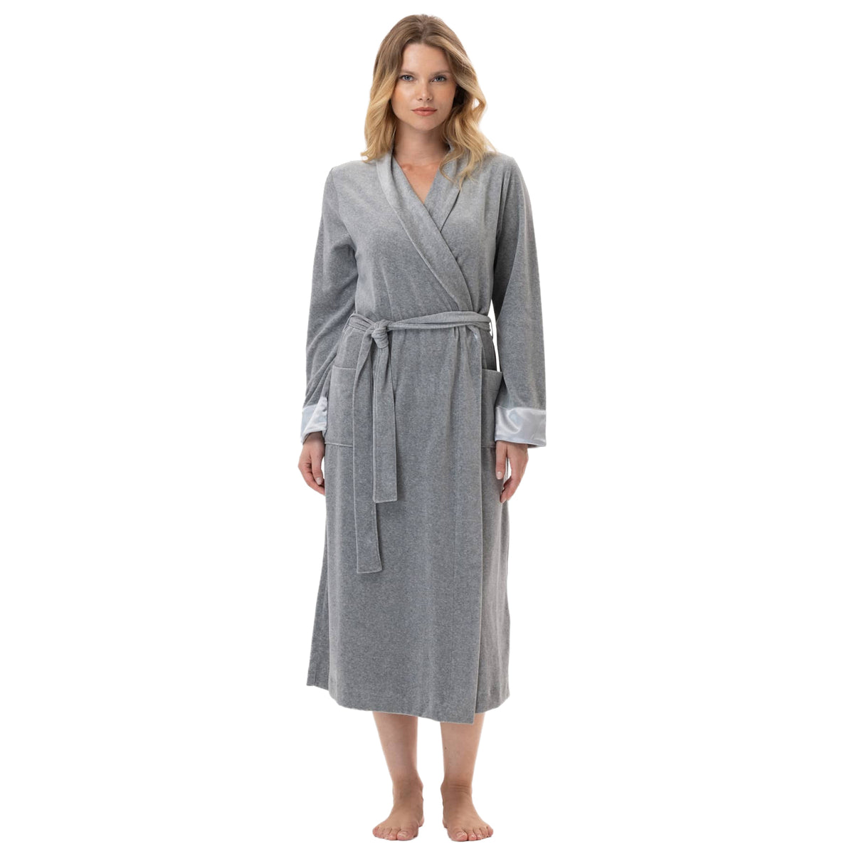 Front view of a long grey velour wrap robe with a shawl collar, adjustable tie belt, satin cuffs, and patch pockets.