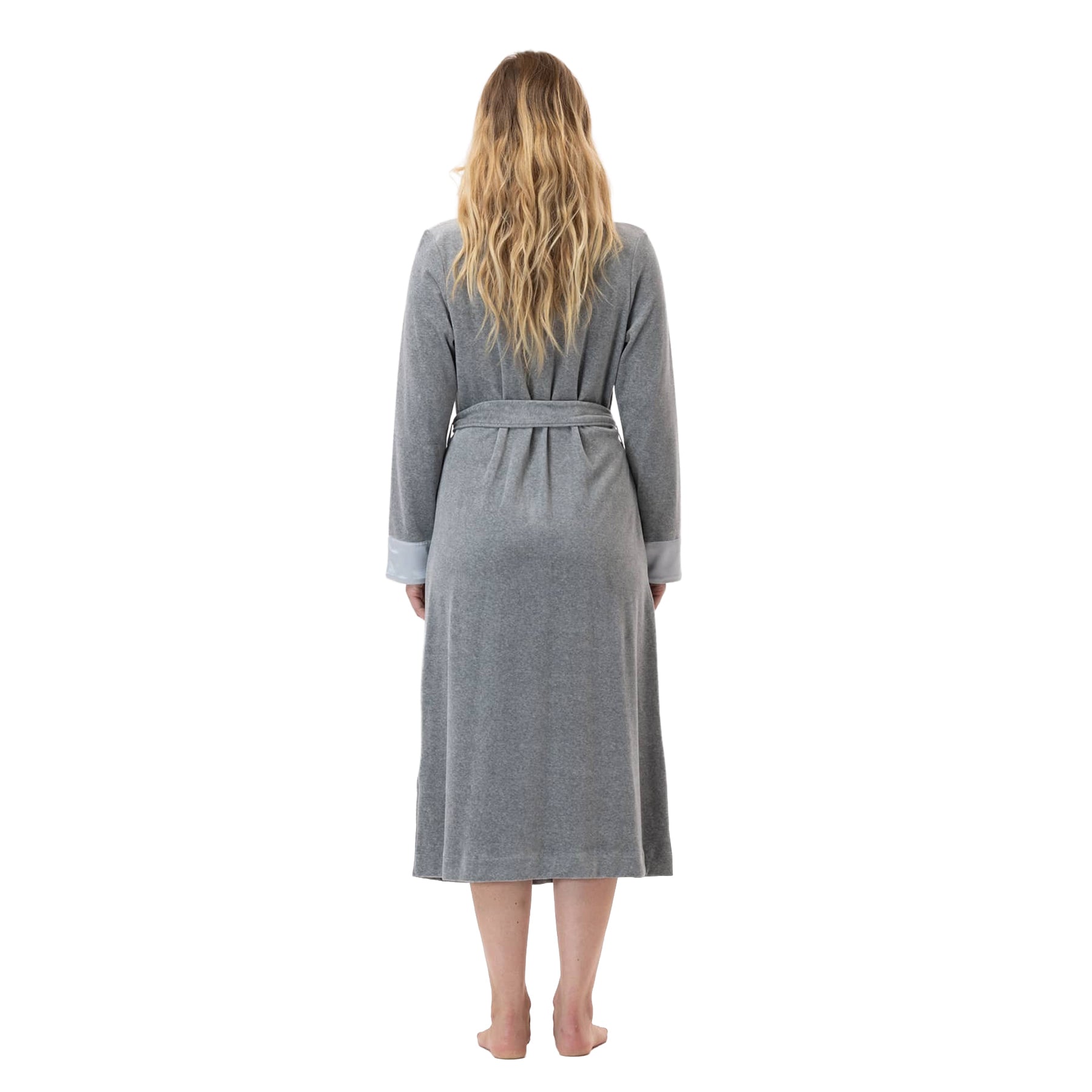 Back view of a long grey velour wrap robe with a belted waist, long sleeves, satin cuffs, and mid-calf length.
