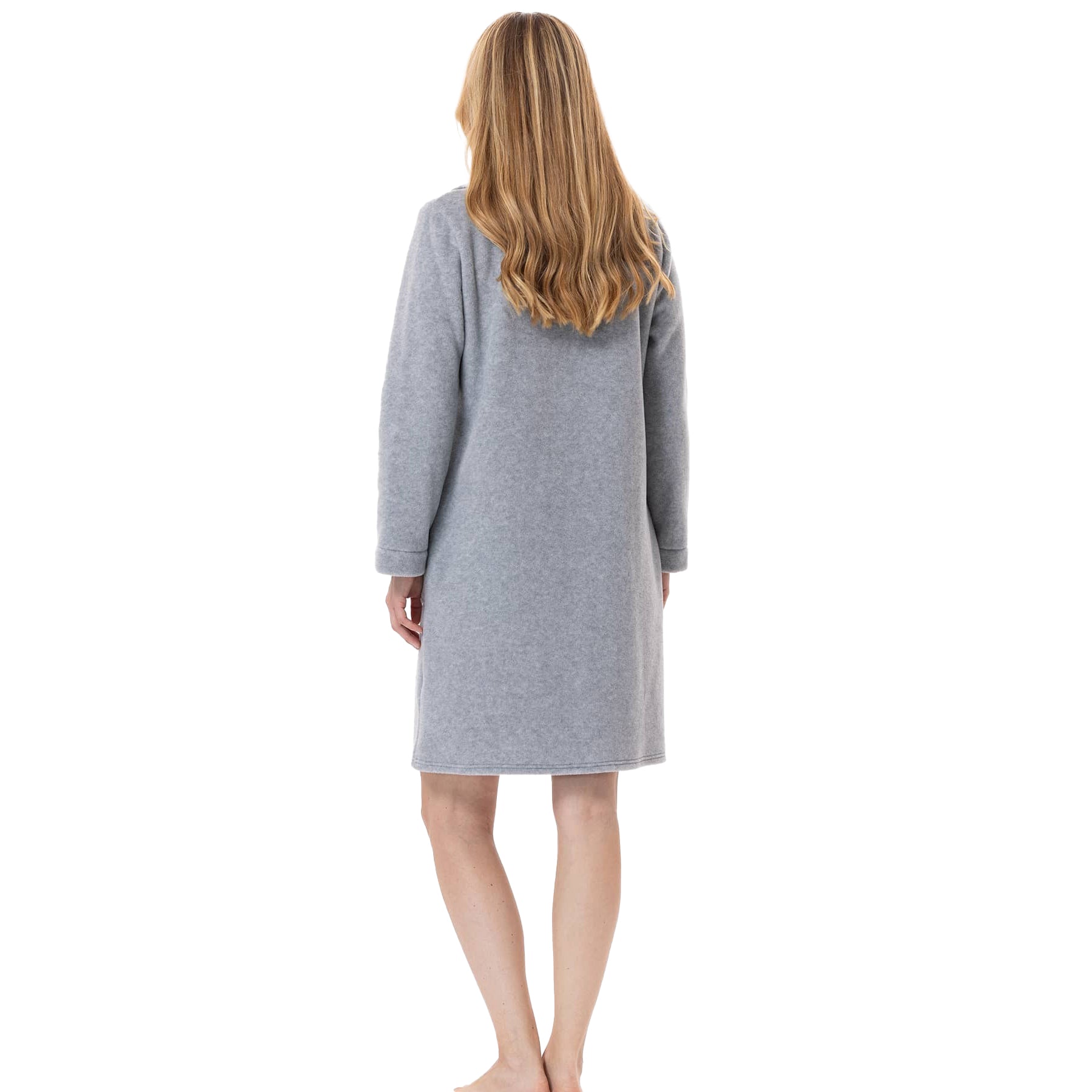 Back view of light grey fleece robe showing straight hem and long sleeves.