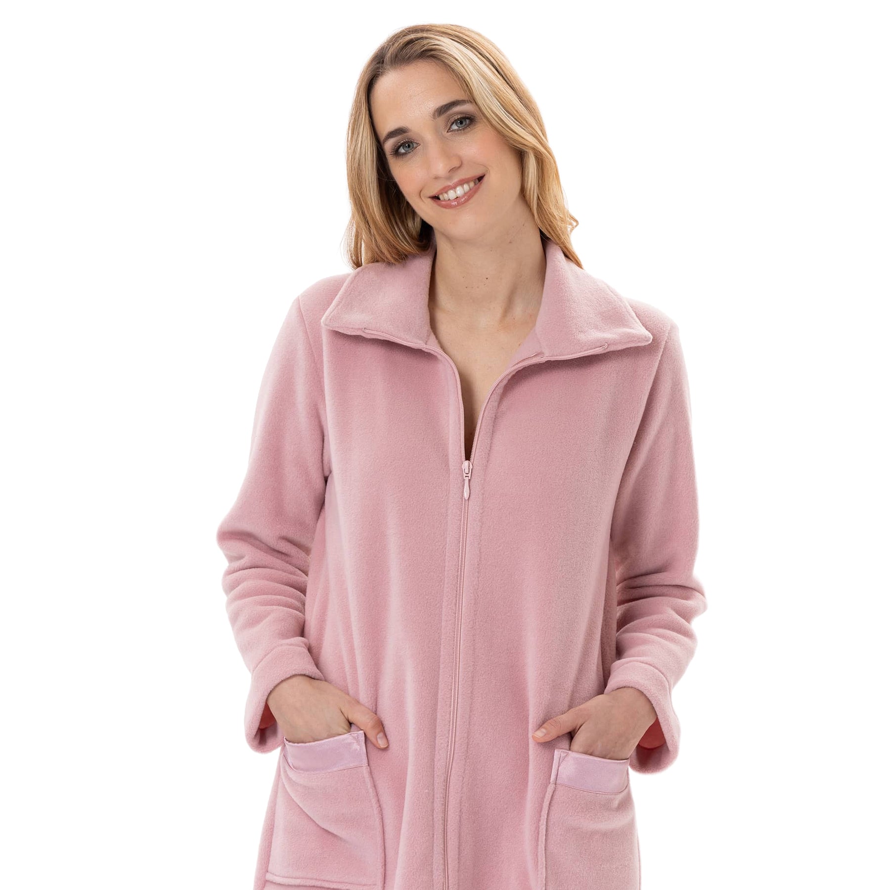 Close-up of a blush pink robe showing the soft fleece texture, wide collar, front zipper, and satin-trimmed pockets.