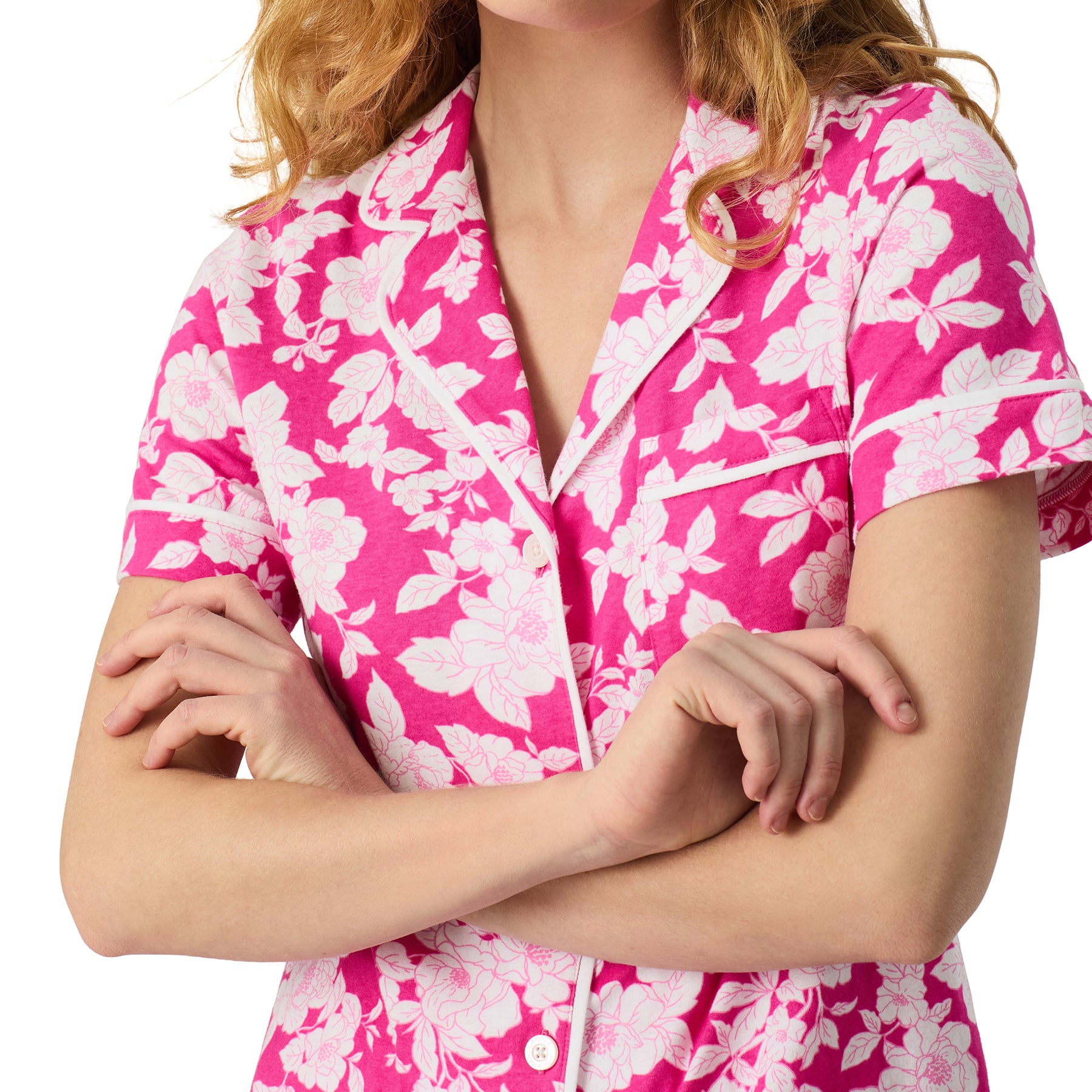 Carole Hochman raspberry floral short sleeve pyjama set with button-front top and matching shorts, front view