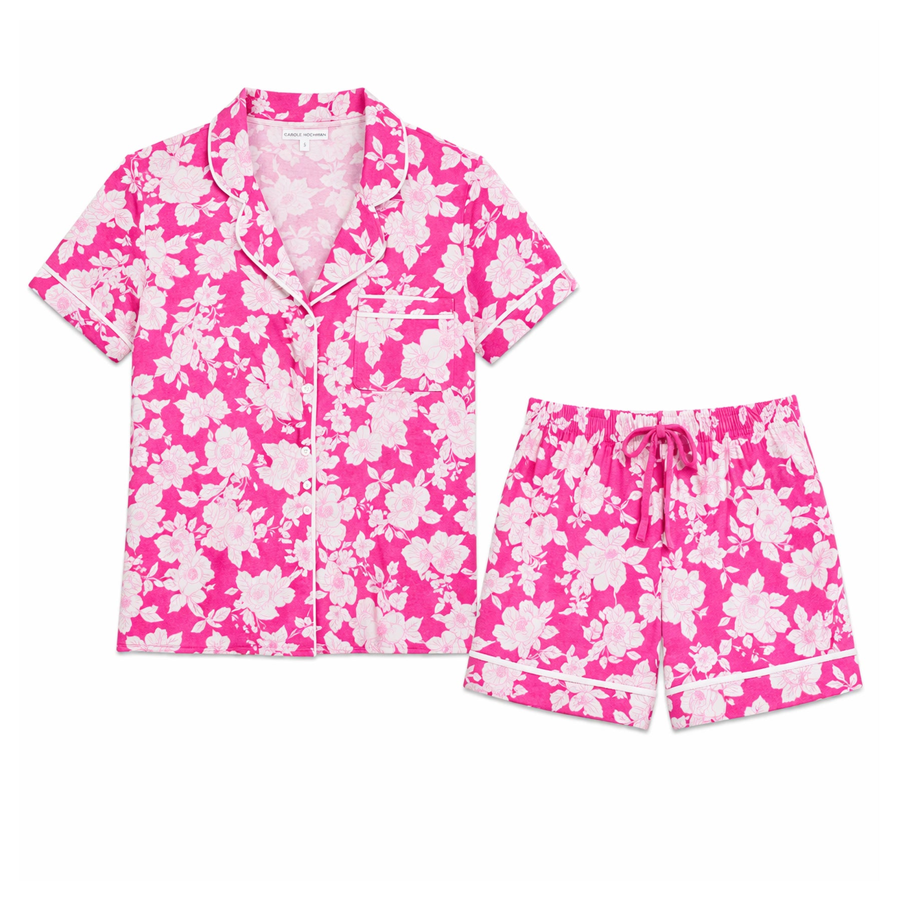 Close-up of Carole Hochman raspberry pink floral pyjama top with white botanical print and contrast piping detail