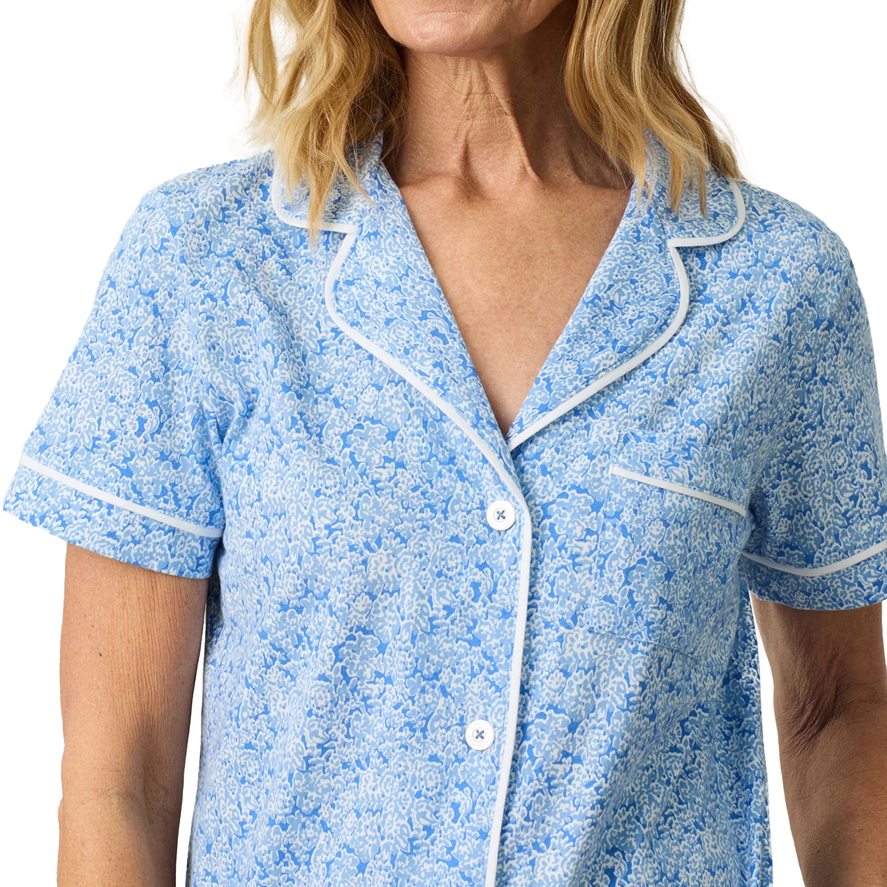 Blue floral sleep short set with contrast white piping, notched collar and soft lightweight fabric.