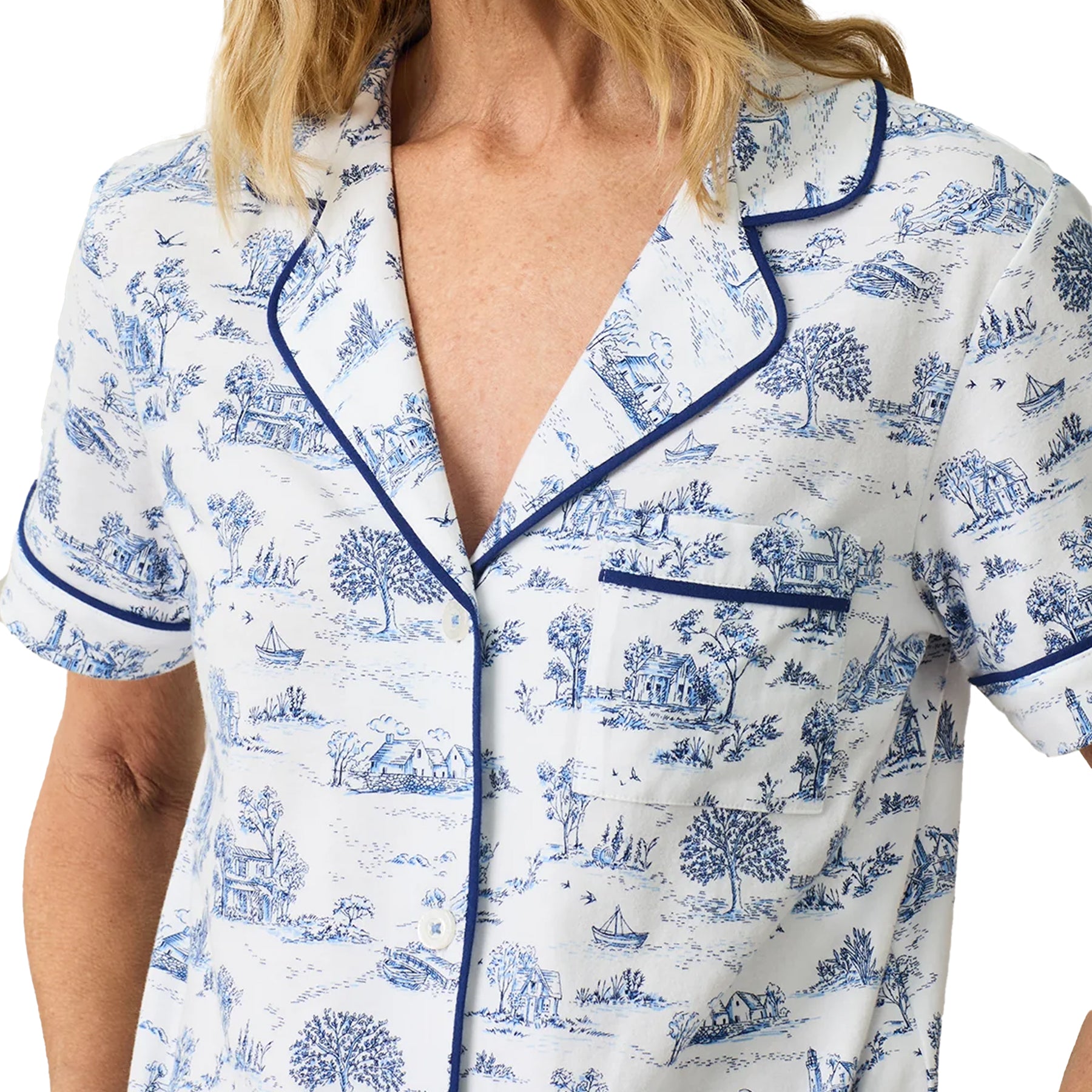 Close-up of white countryside print pyjama top with blue piping, notched collar and chest pocket.