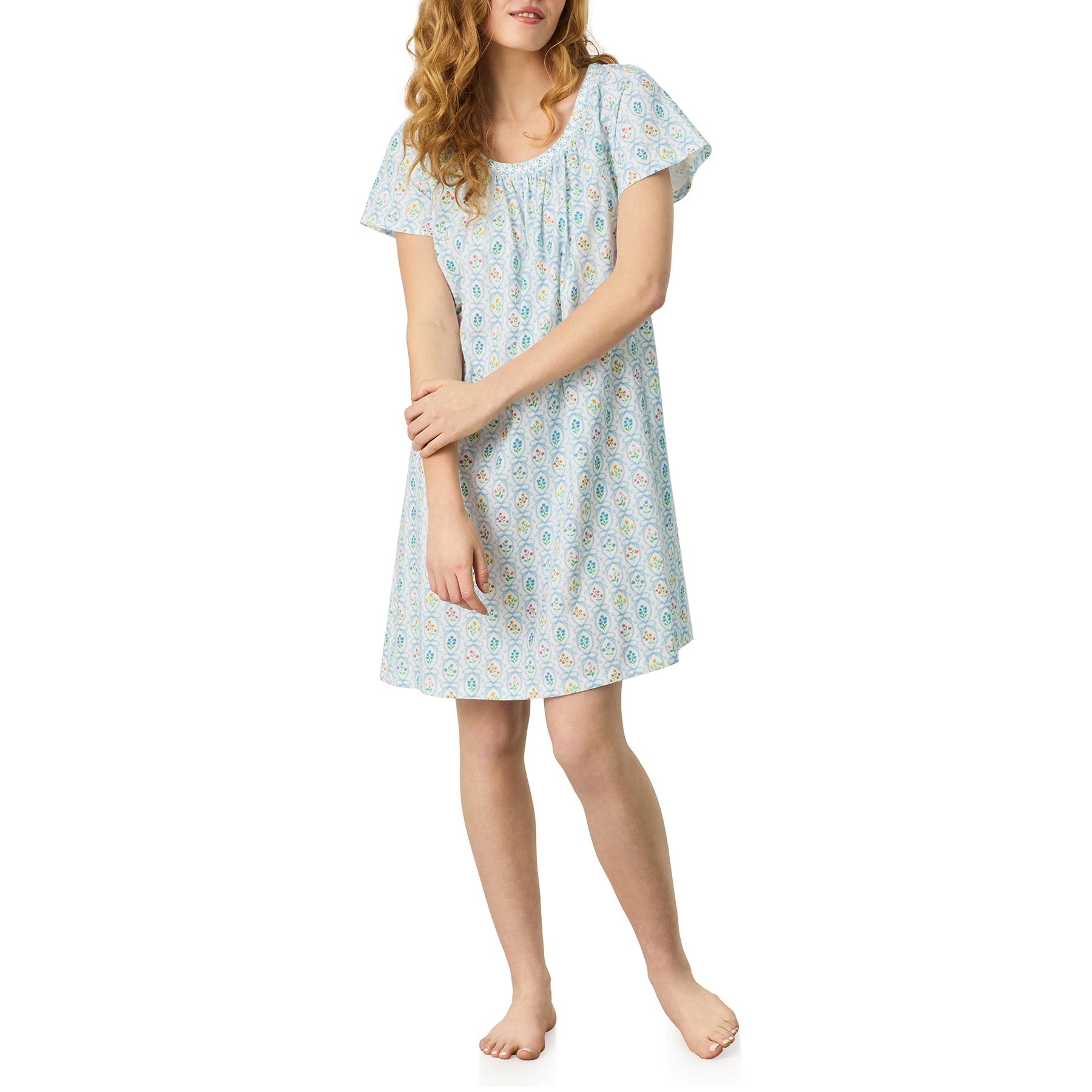 Carole Hochman ivory floral print short sleeve nightgown with relaxed fit, front view