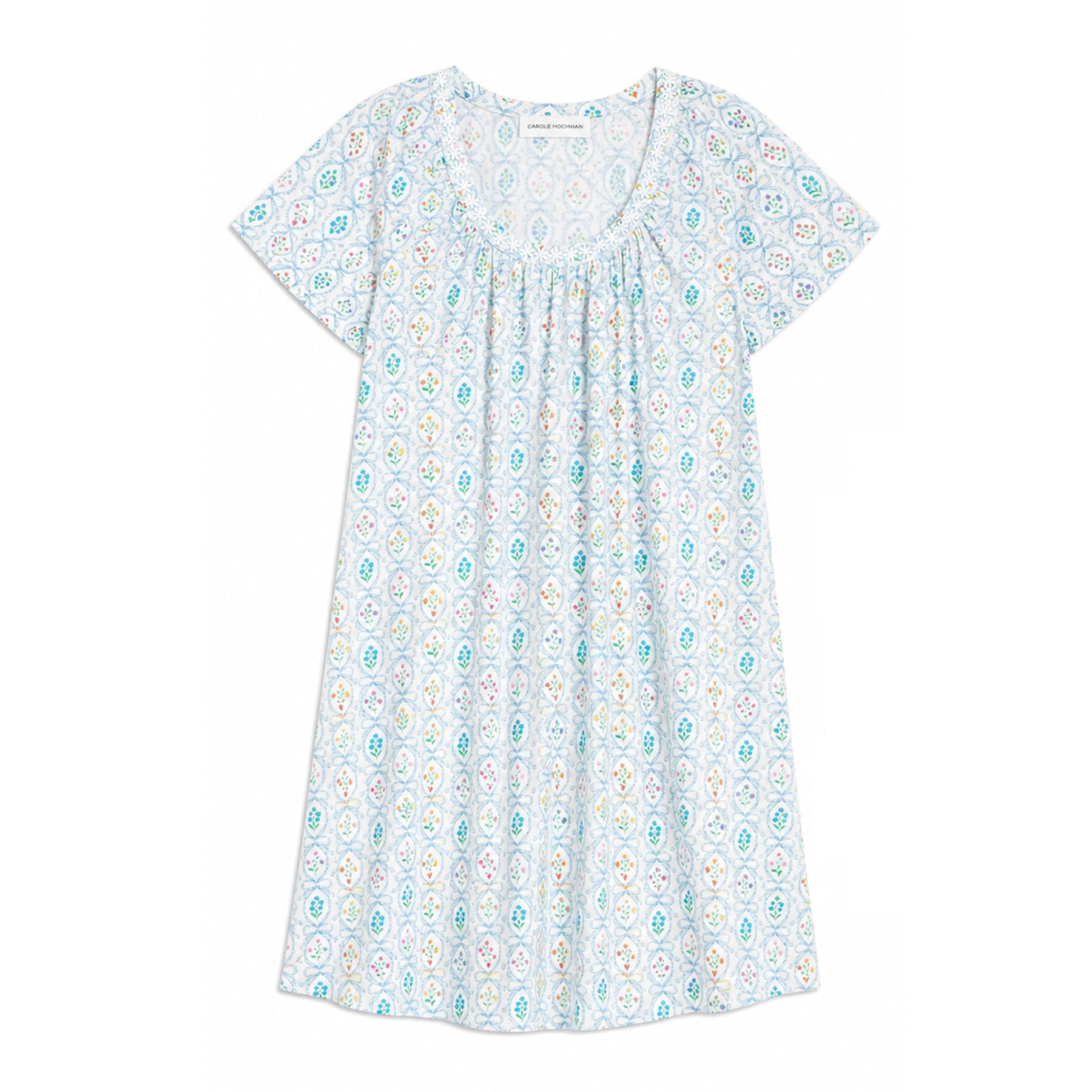 Flat lay of ivory floral print nightgown with lace-trim neckline on white background