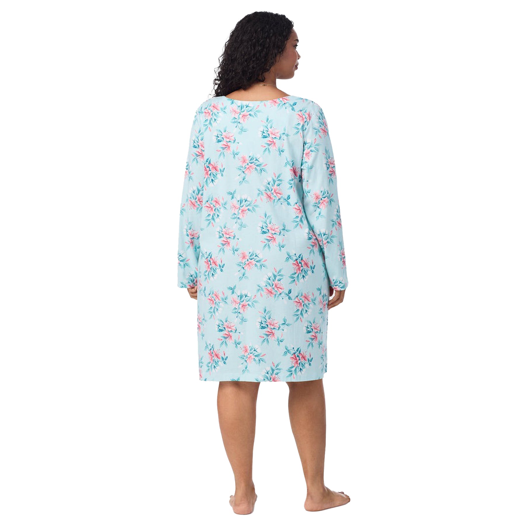 Back view of a women's floral nightshirt in a "teal floral" print showcasing intricate lace trim and button detailing, fashion photoshoot.