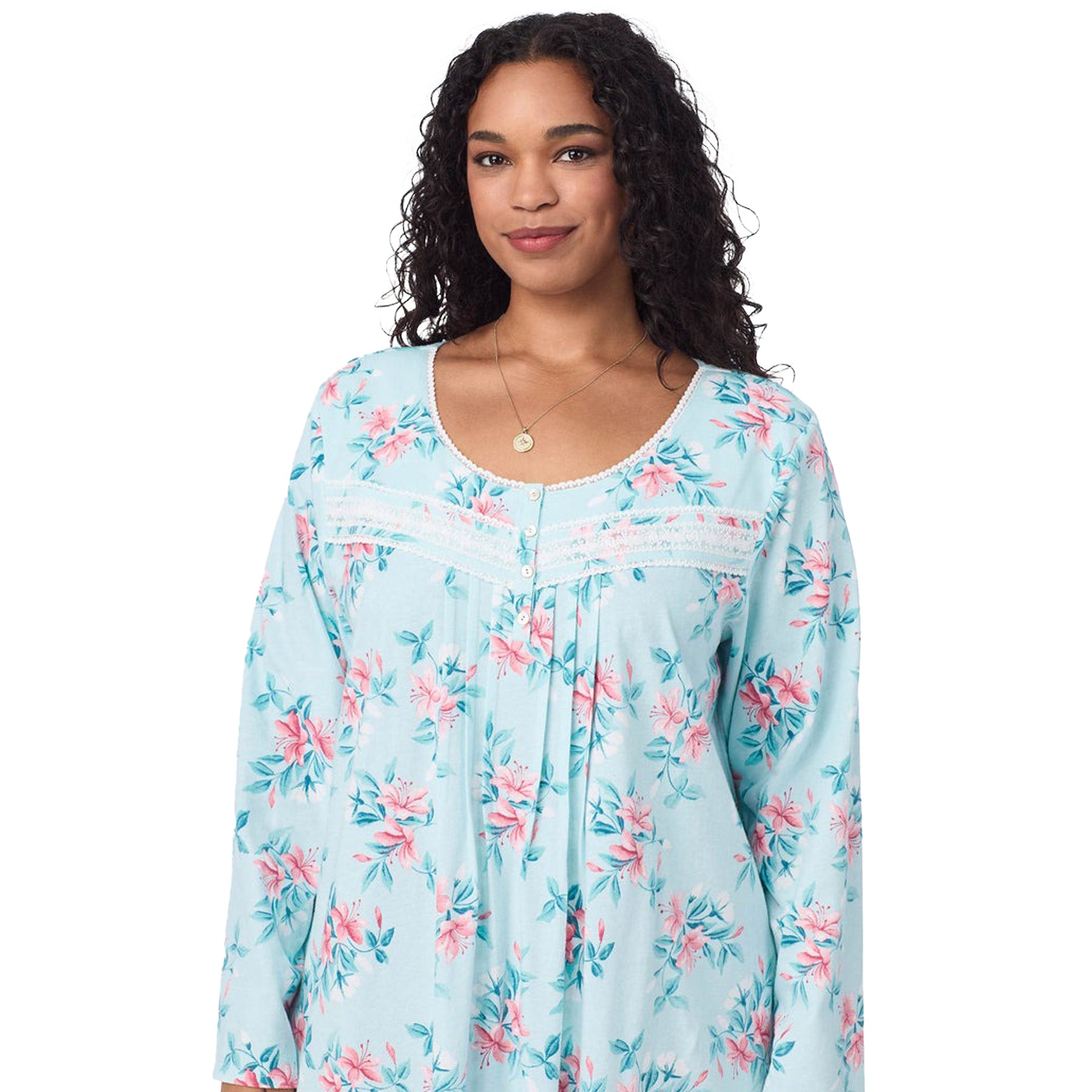 Front/close-up view of a women's floral nightshirt in a "teal floral" print showcasing intricate lace trim and button detailing, fashion photoshoot.