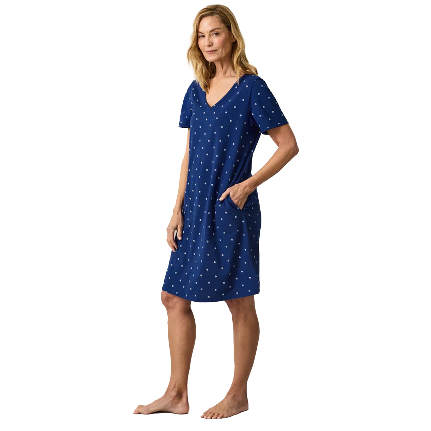 Side view of navy short sleeve sleep dress with small white print and relaxed fit – style CH32688.