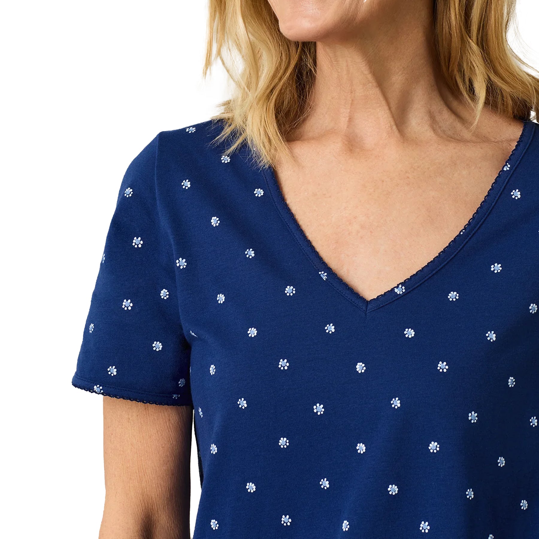 Close-up of navy blue V-neck nightgown with white micro floral pattern – style CH32688.