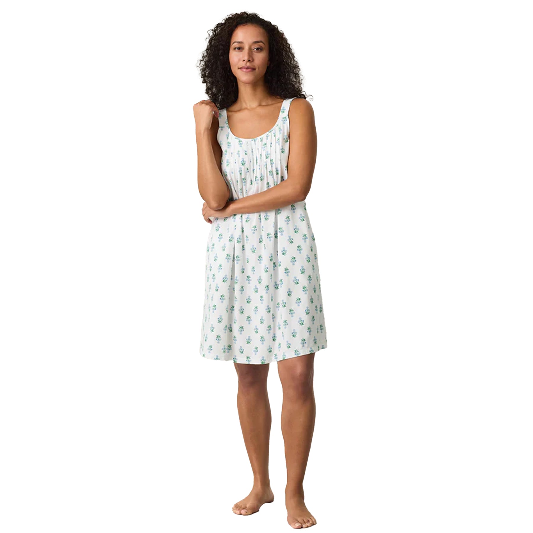 Front view of white sleeveless sleep dress with delicate blue floral pattern – style CH32689.