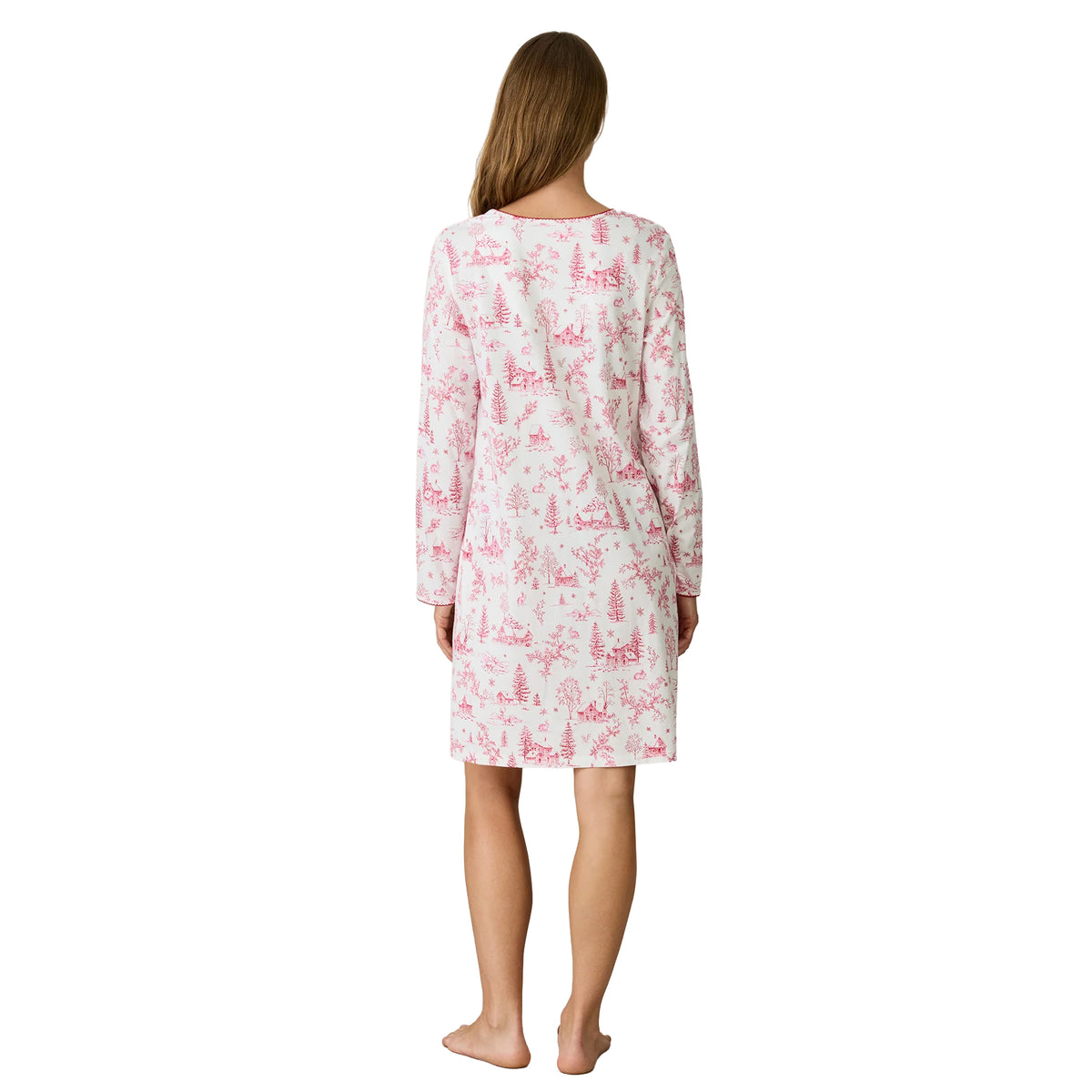 Back view of Carole Hochman long-sleeve chemise in white with an all-over pink winter countryside print, rounded back neckline and relaxed above-the-knee fit.