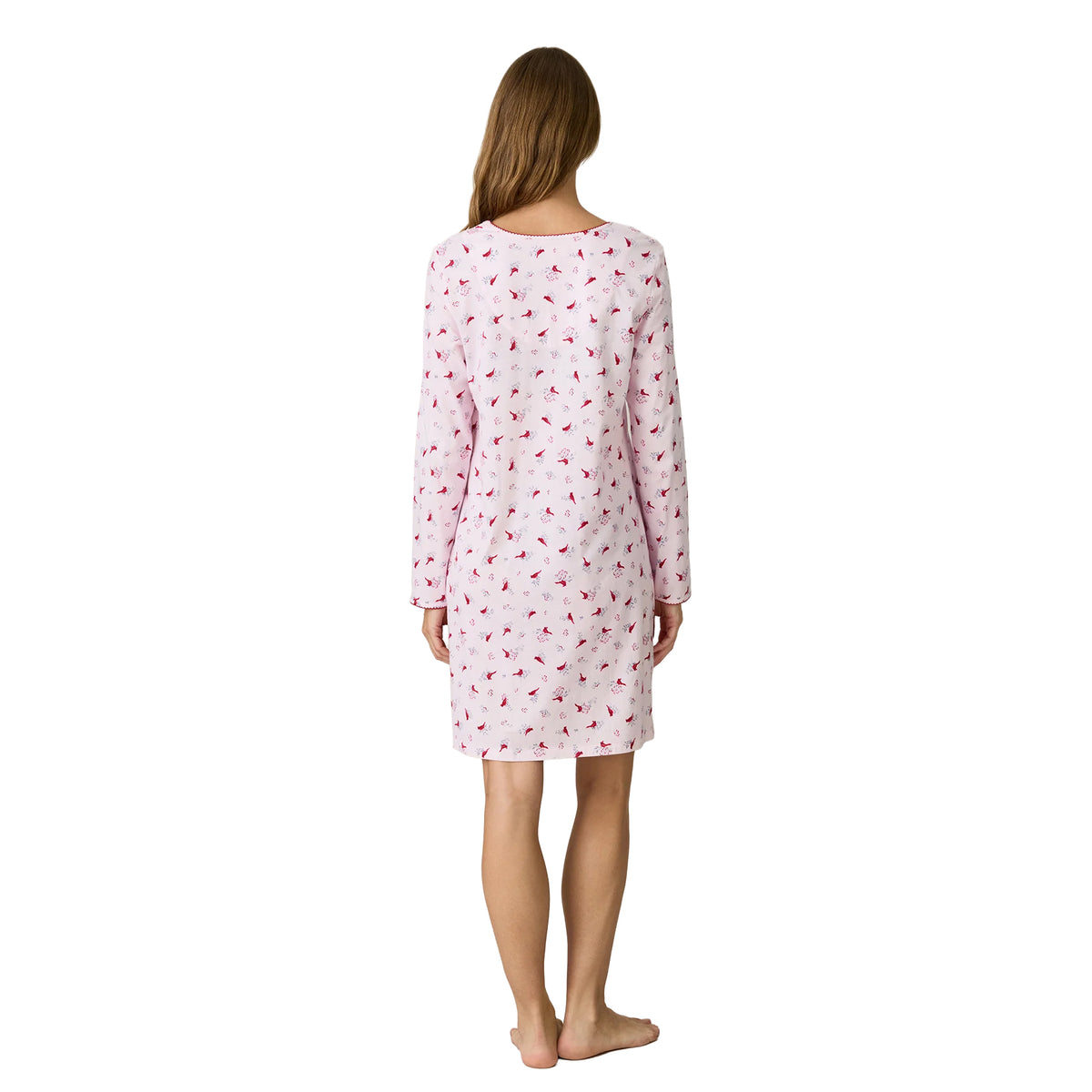 Back view of a Carole Hochman light pink long-sleeve chemise featuring an all-over red cardinal and botanical print, a rounded back neckline and a relaxed above-the-knee silhouette.