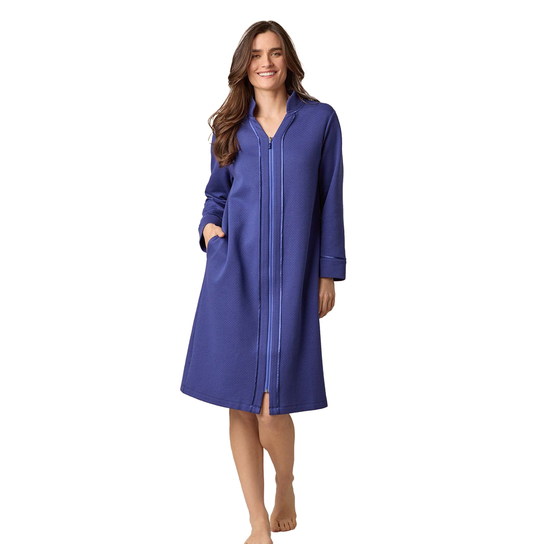 Woman wearing a blue robe on a white background