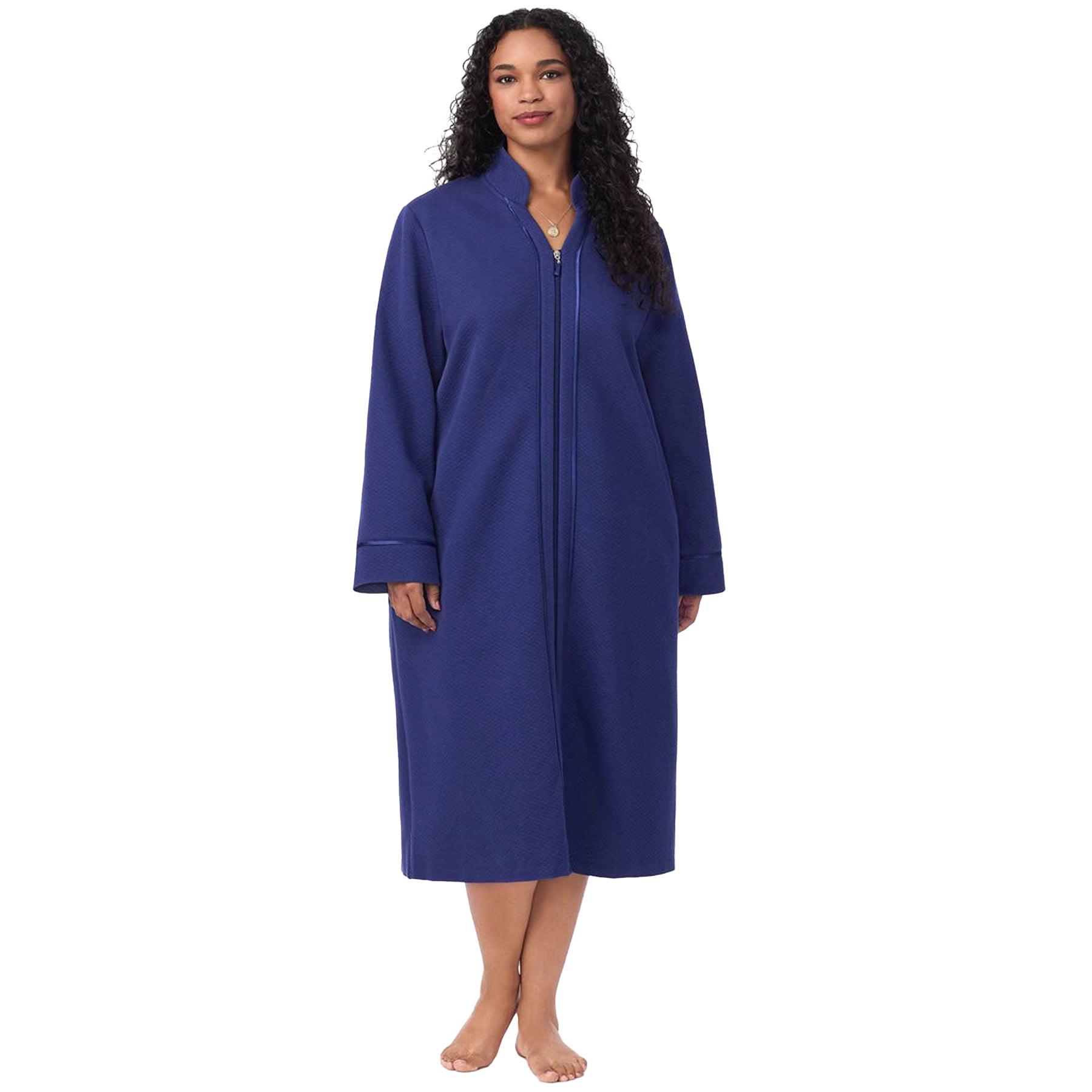 Woman wearing a blue robe on a white background