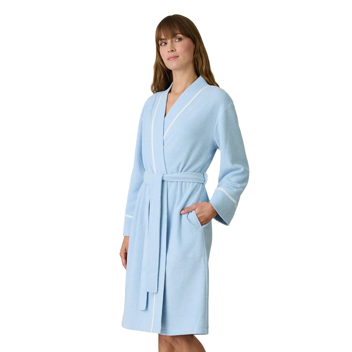 Carole Hochman light blue fleece bathrobe with white piping along the shawl collar, cuffs and front opening, a matching waist belt and convenient side pockets.