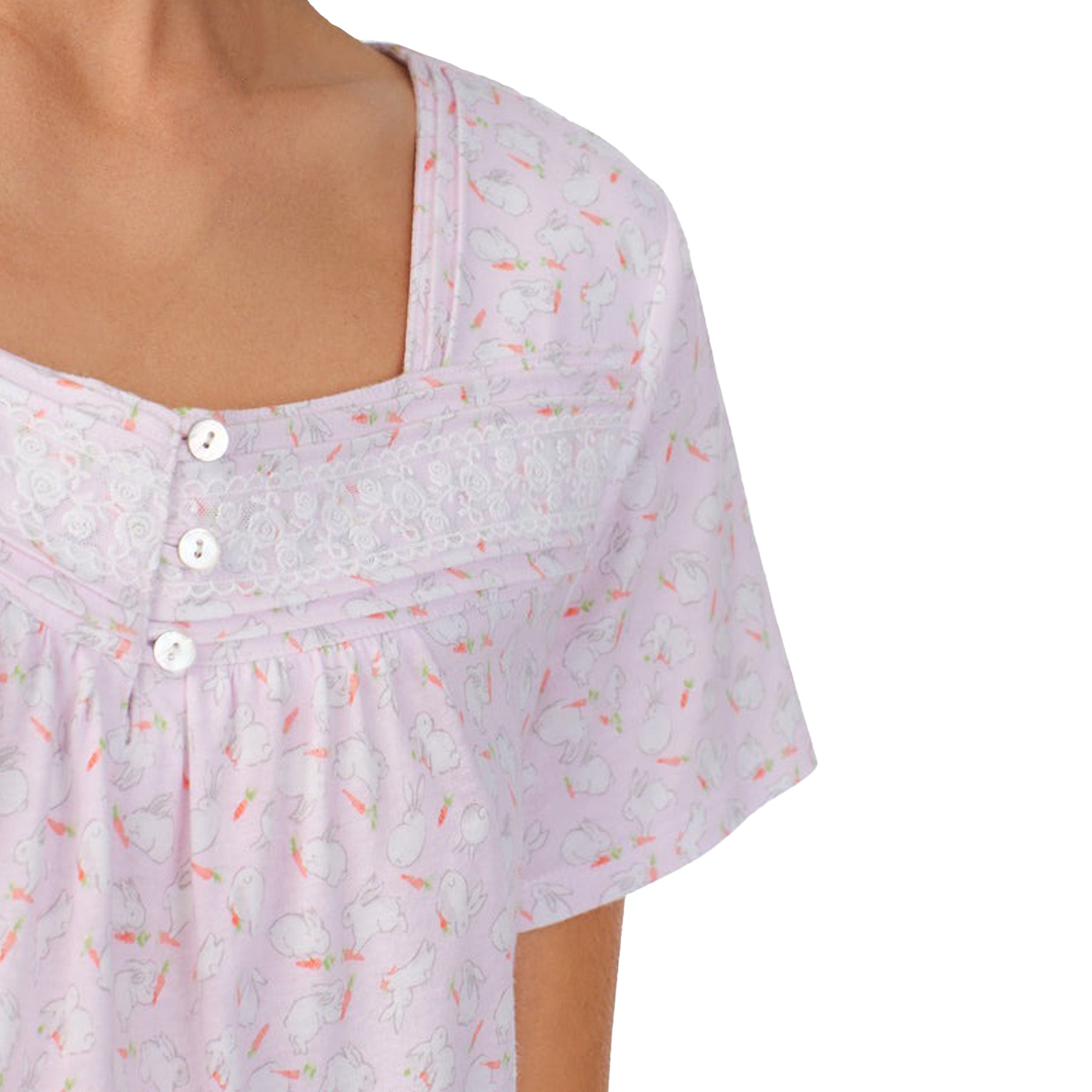 A close-up look at the neck gown in "sweet bunny" print.