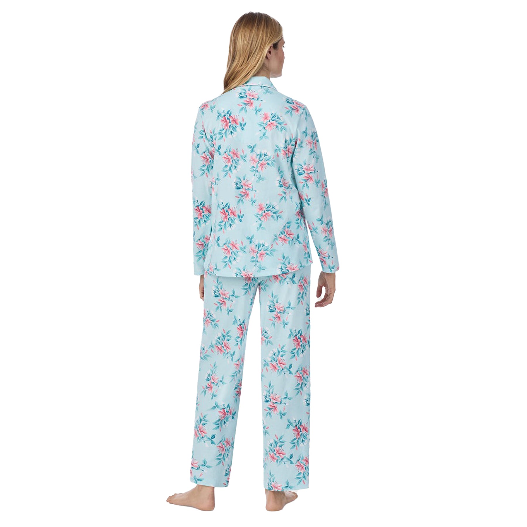 Back view of a women's floral PJ Set in a blue pink floral print, showcasing intricate button detailing.