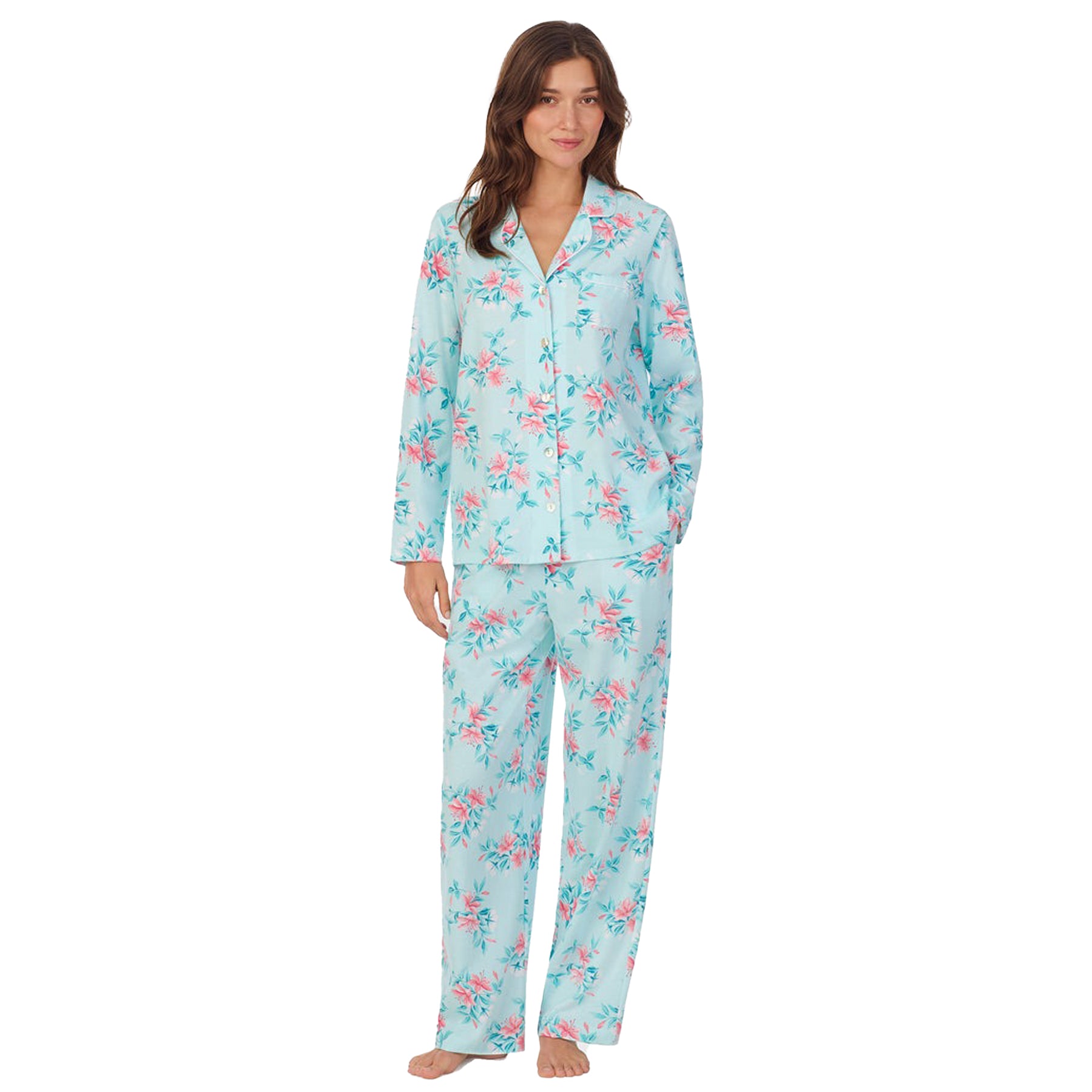 Front view of a women's floral PJ Set in a blue pink floral print, showcasing intricate button detailing.