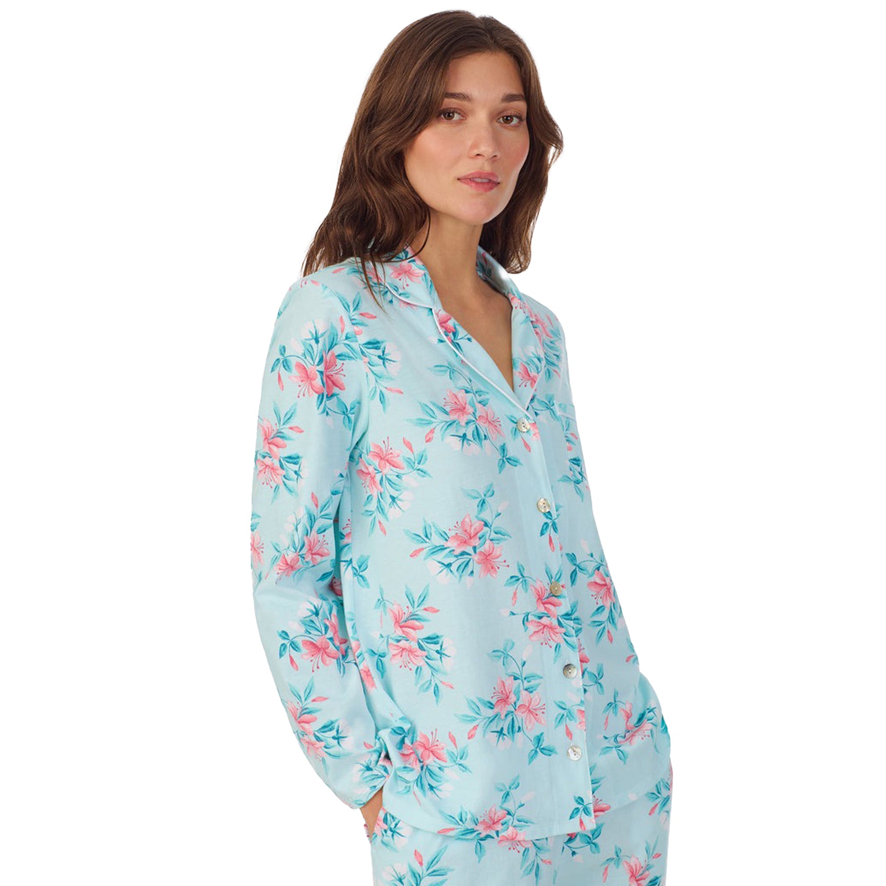 Front/close up view of a women's floral PJ Set in a blue pink floral print, showcasing intricate button detailing.