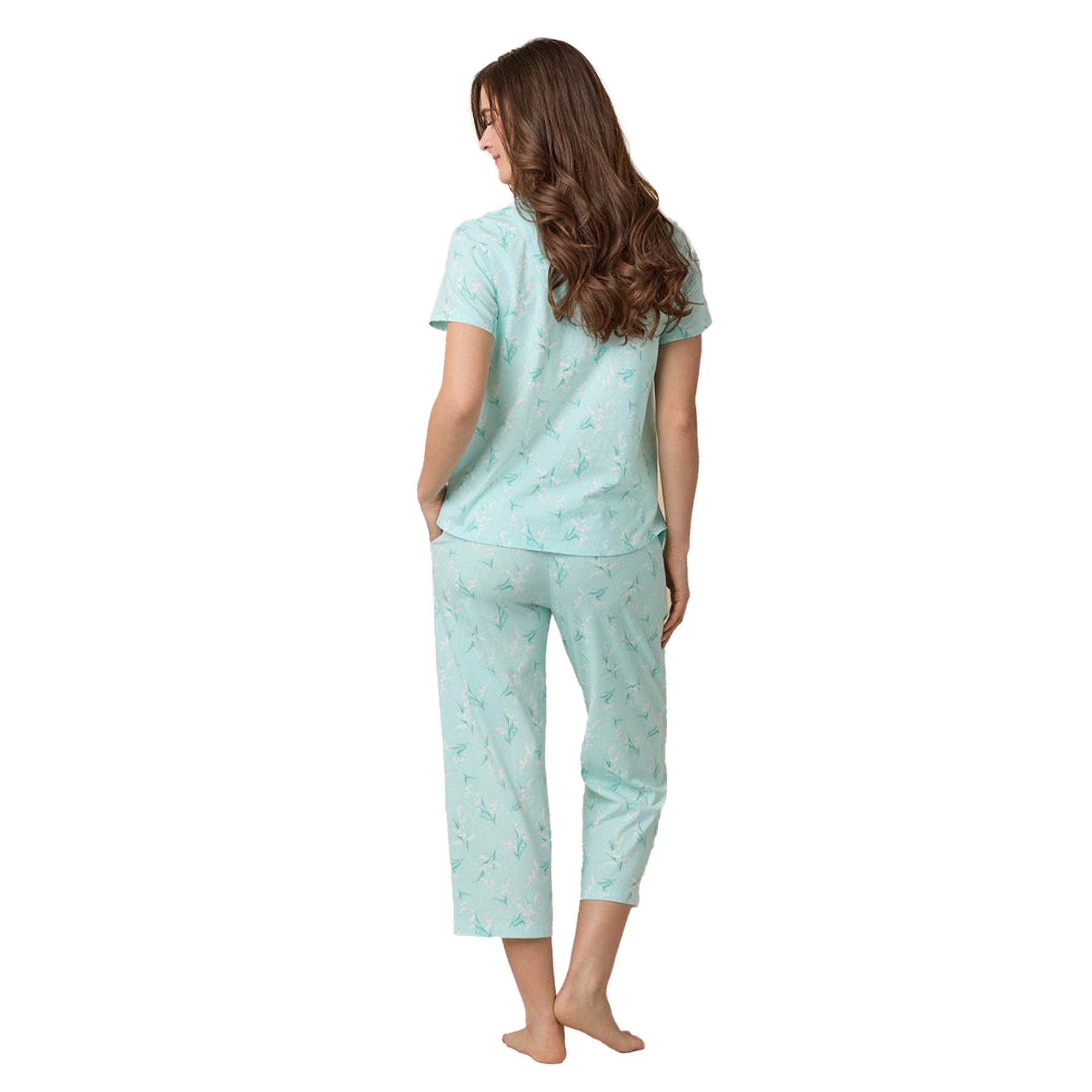 Back view of mint green floral pyjama set featuring short-sleeve top and cropped pants.