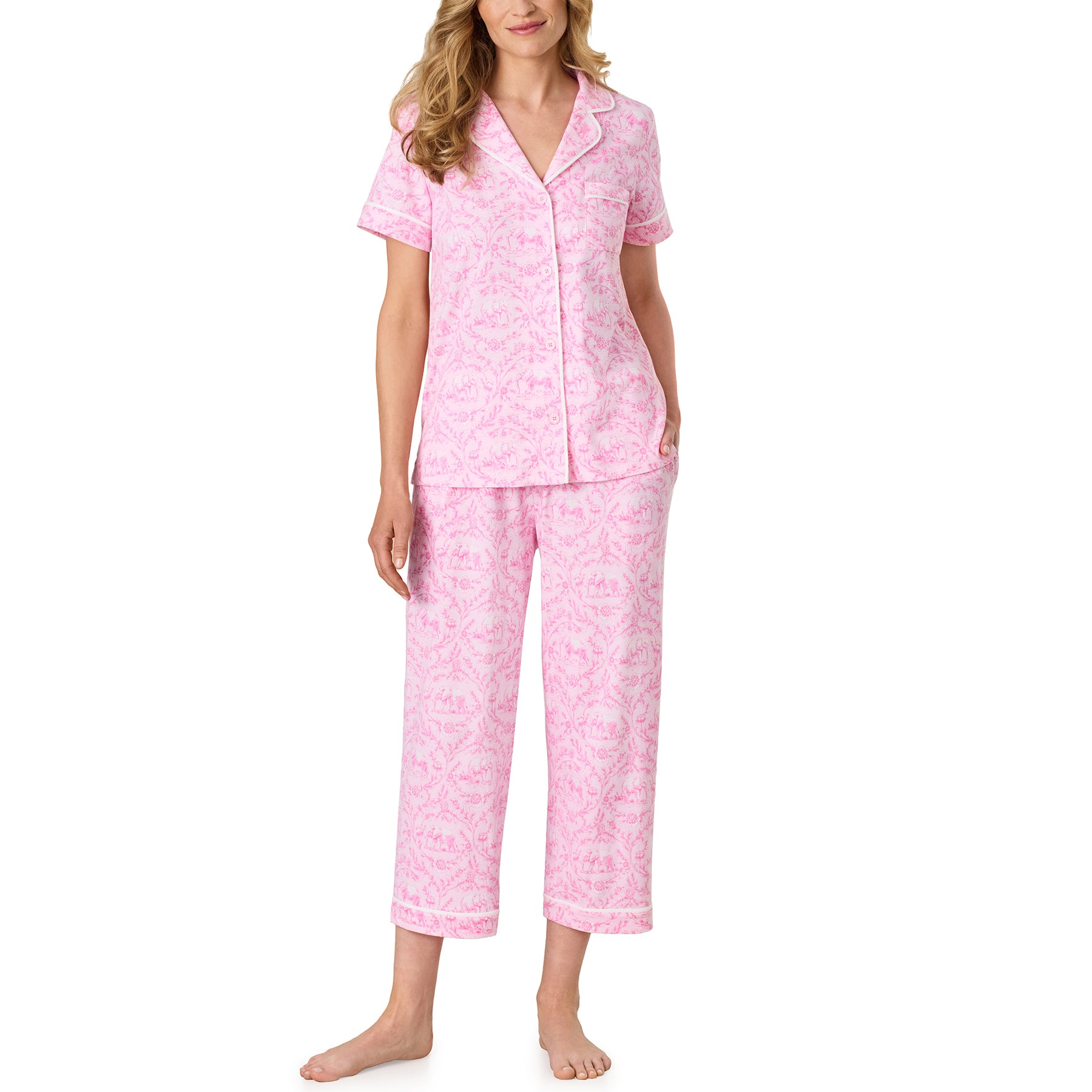 Front view of the Carole Hochman pajama set showcasing the relaxed fit, button-front styling, contrast piping, and coordinating cropped pants.