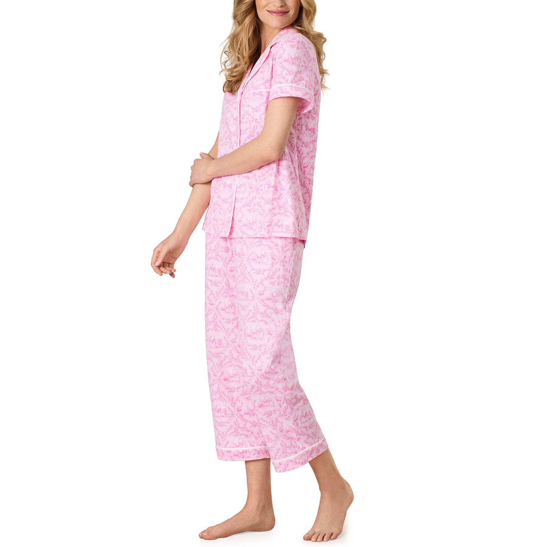 Side view of the Carole Hochman short sleeve pajama set highlighting its lightweight drape, comfortable silhouette, and soft all-over print.