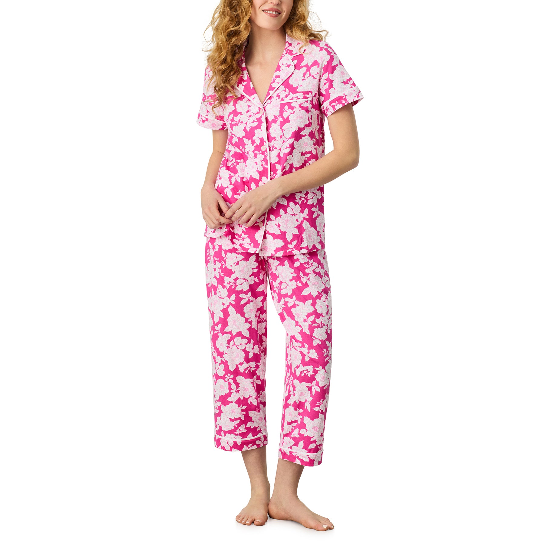 Carole Hochman pink floral pajama set on model, lightweight cotton sleepwear with button front top and cropped pants