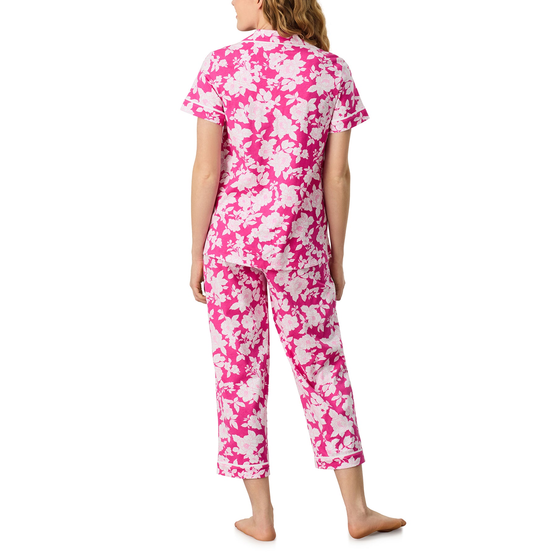Back view of Carole Hochman pink floral sleepwear set, short sleeve top and capri pants with comfortable fit