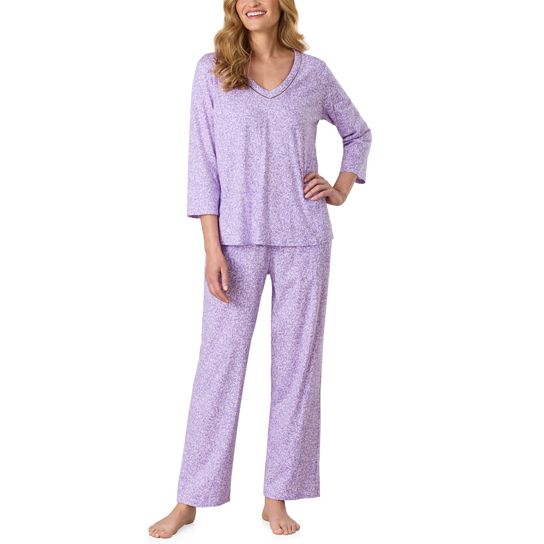 Front view of the Carole Hochman long sleeve pajama set showcasing the comfortable fit, elegant V-neck detail, and coordinating straight-leg pants.