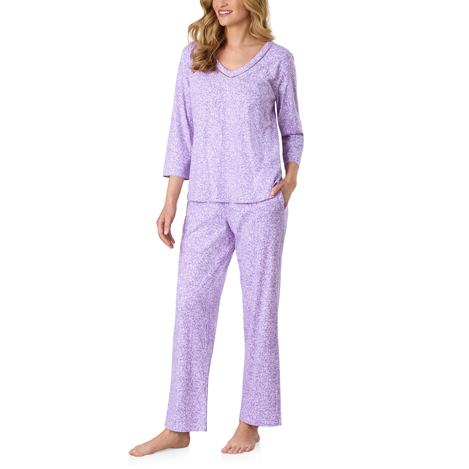 Side view of the Carole Hochman lavender pajama set highlighting the relaxed silhouette, three-quarter sleeves, and soft floral print.