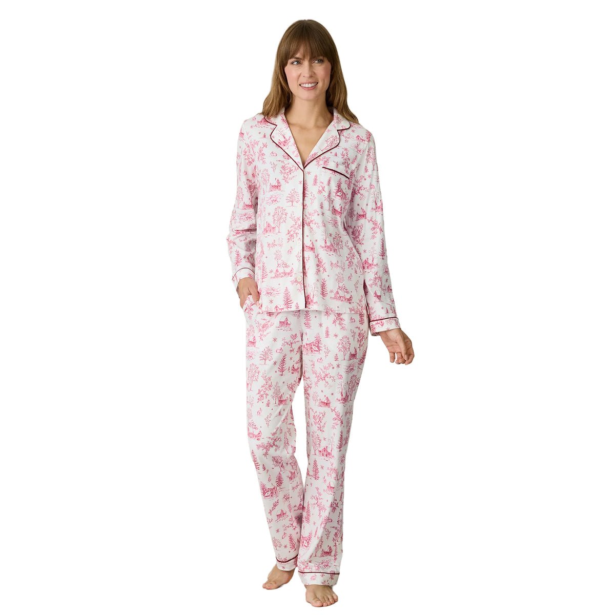 Carole Hochman women's white pajama set with pink winter toile print, featuring a long-sleeve button-down top, notched collar, chest pocket, burgundy piping and matching full-length pants.