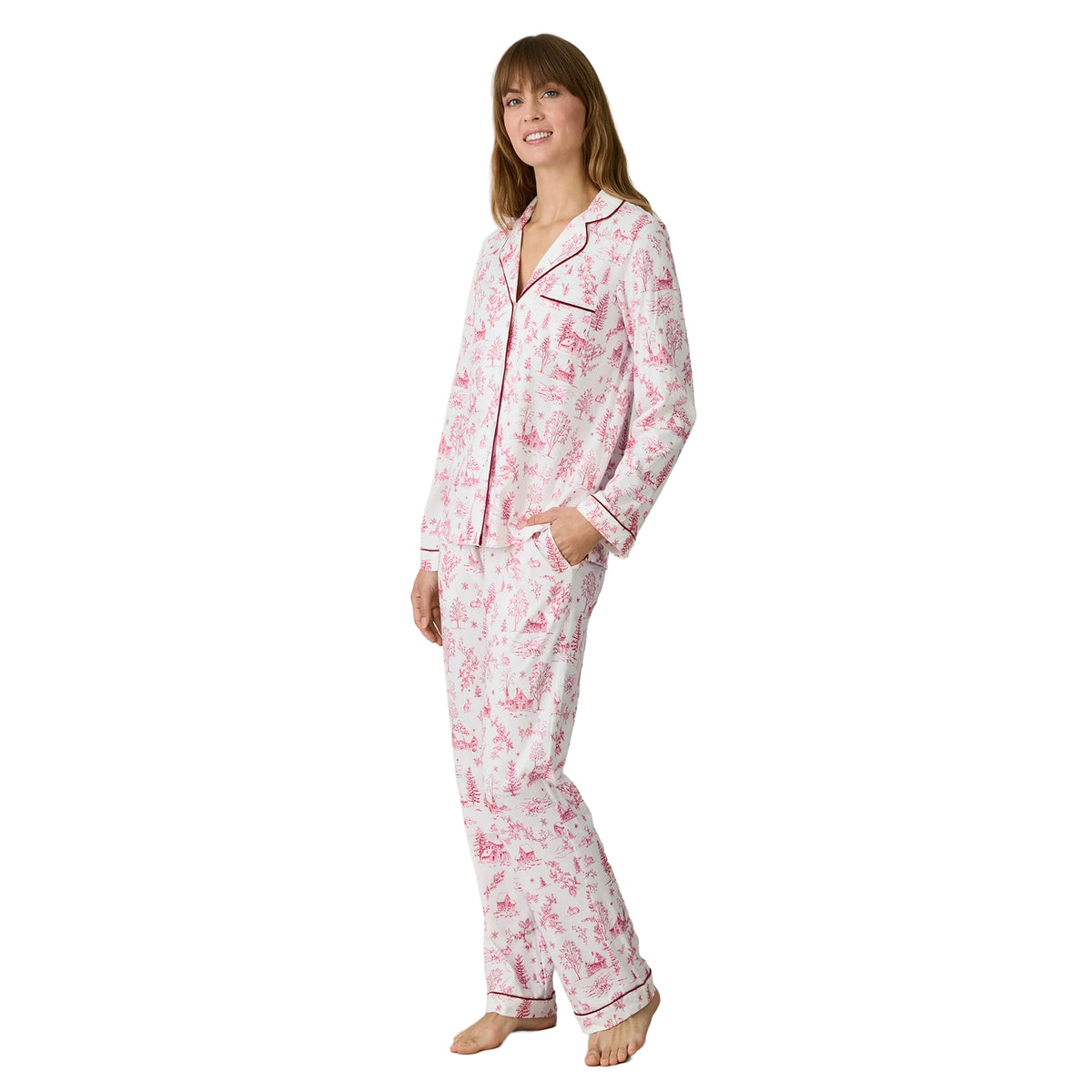 Carole Hochman white and pink winter toile pajamas featuring a relaxed-fit button-front top with contrast piping and matching straight-leg pants with side pockets.