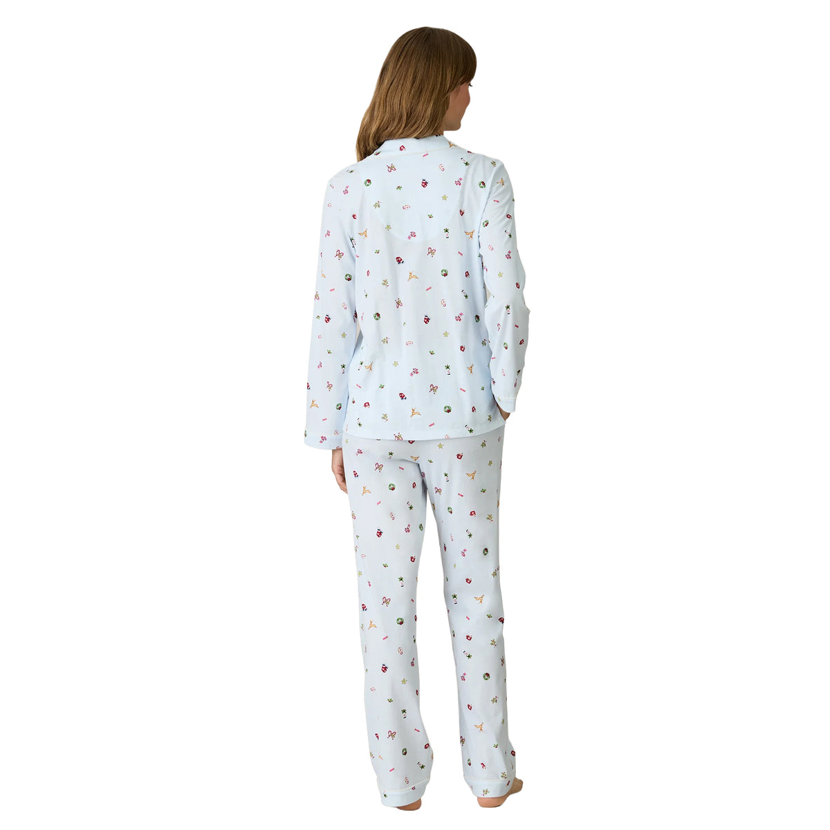 Back view of Carole Hochman light blue holiday pajama set featuring a relaxed long-sleeve top and matching full-length pants with an all-over colourful Christmas print.