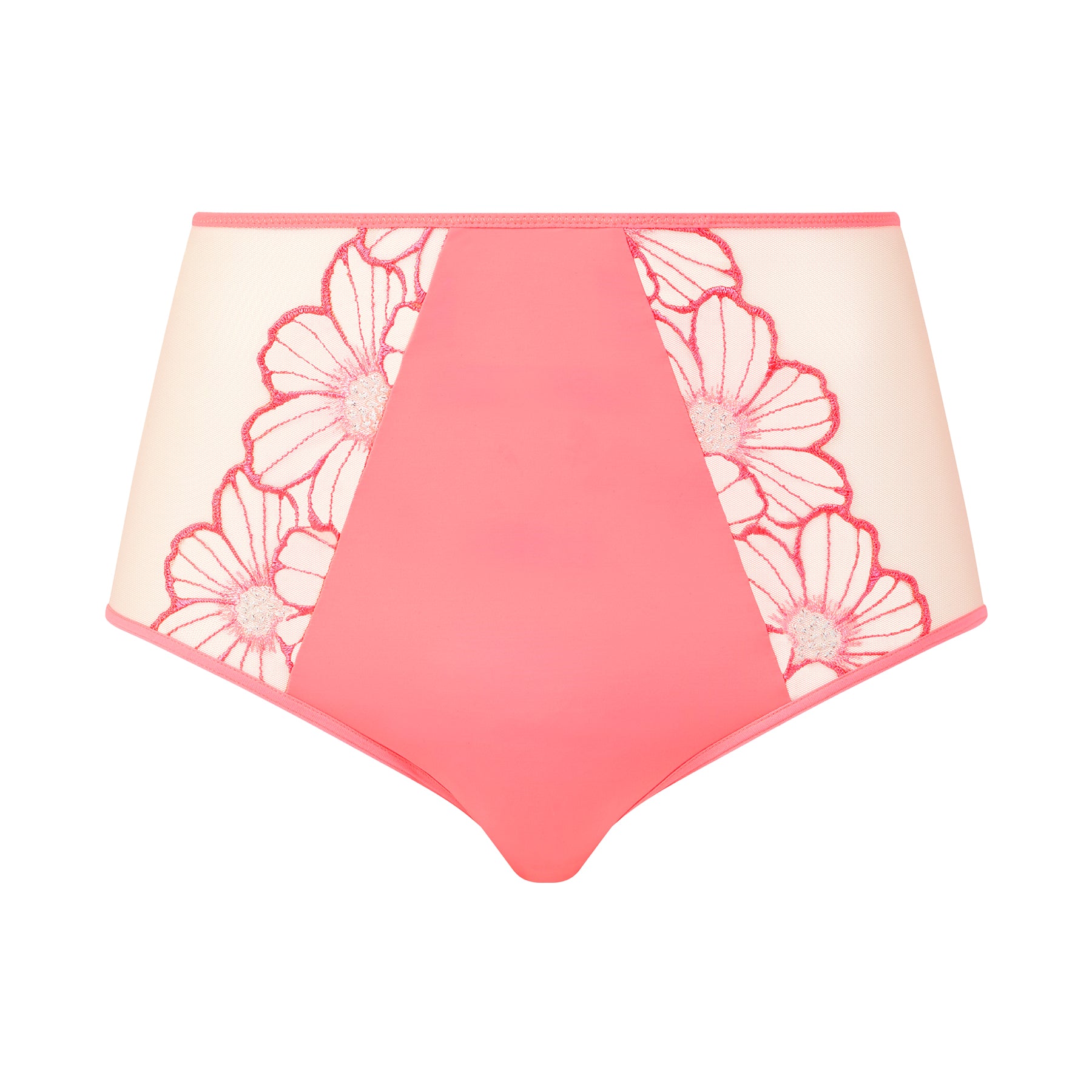 High-waist full brief in rose miami bubblegum pink with sheer tulle sides with daisy embroidery. Front view without model.