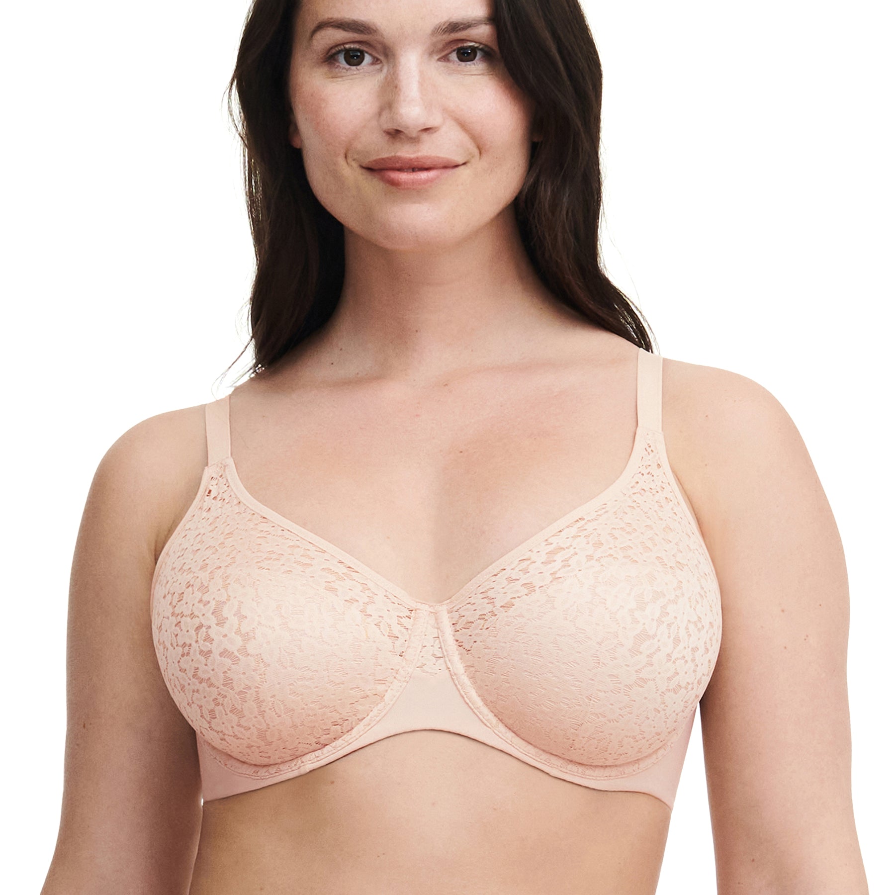 chantelle norah full cup bra golden beige 01n front view on model with lace coverage