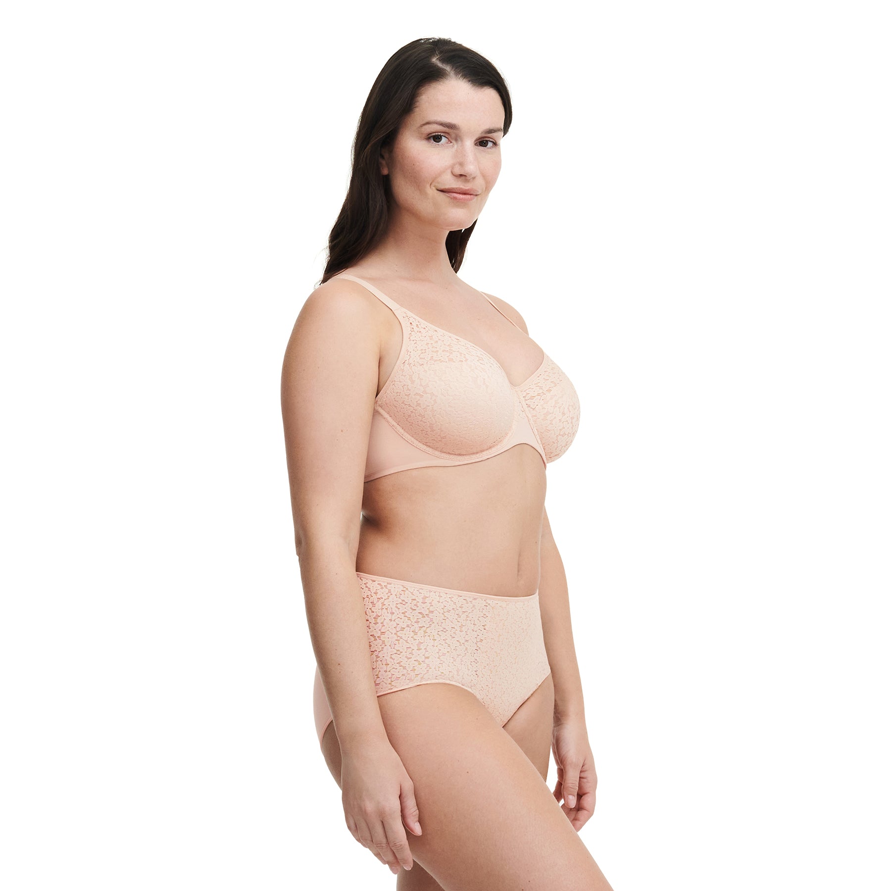 chantelle norah full cup bra golden beige 01n front view on curvy model full coverage fit with matching norah full brief.