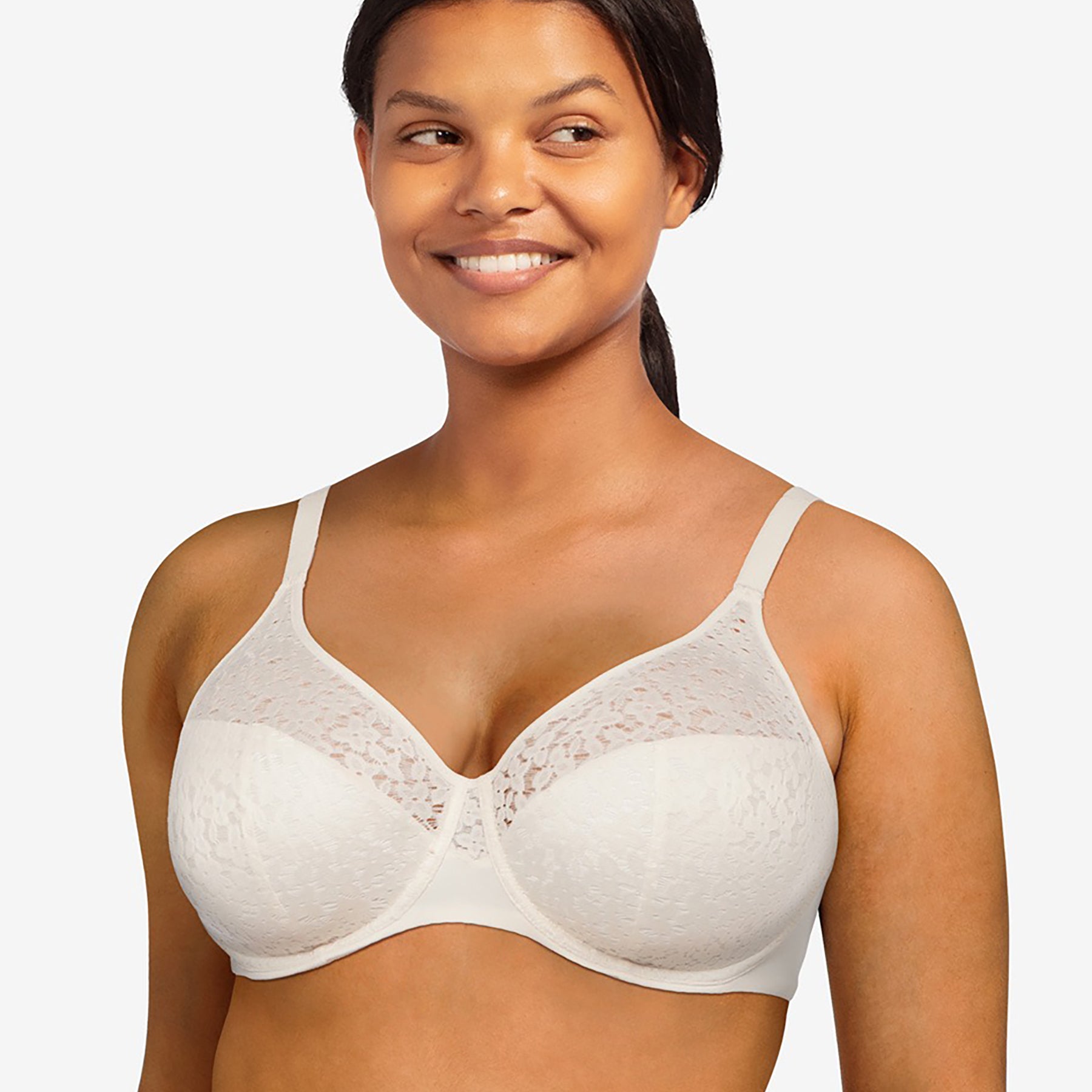 Chantelle Norah Lace Full Cup Seamless Bra in ivory talc. Front view 2 on model.