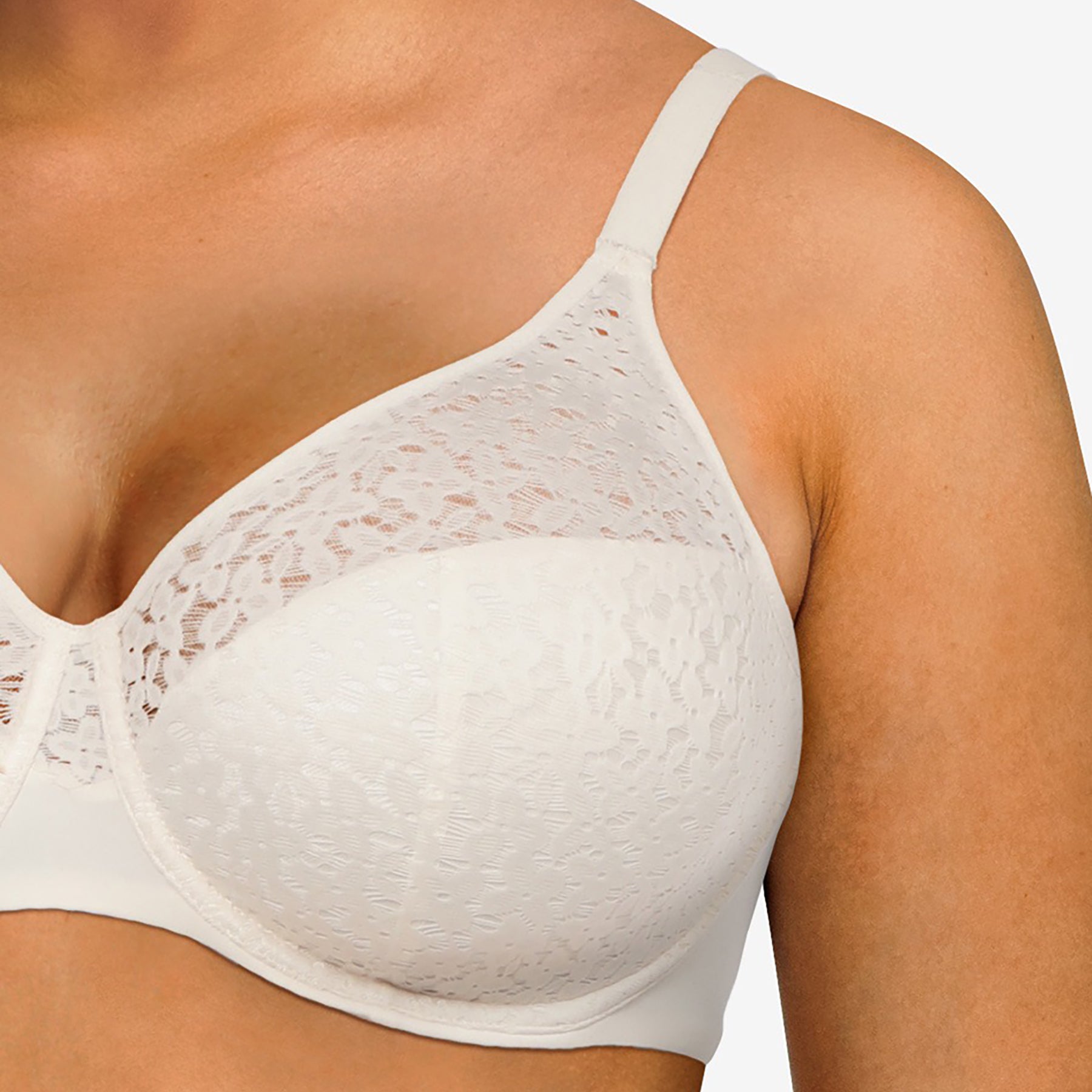 Chantelle Norah Lace Full Cup Seamless Bra in ivory talc. Front view closeup on model.