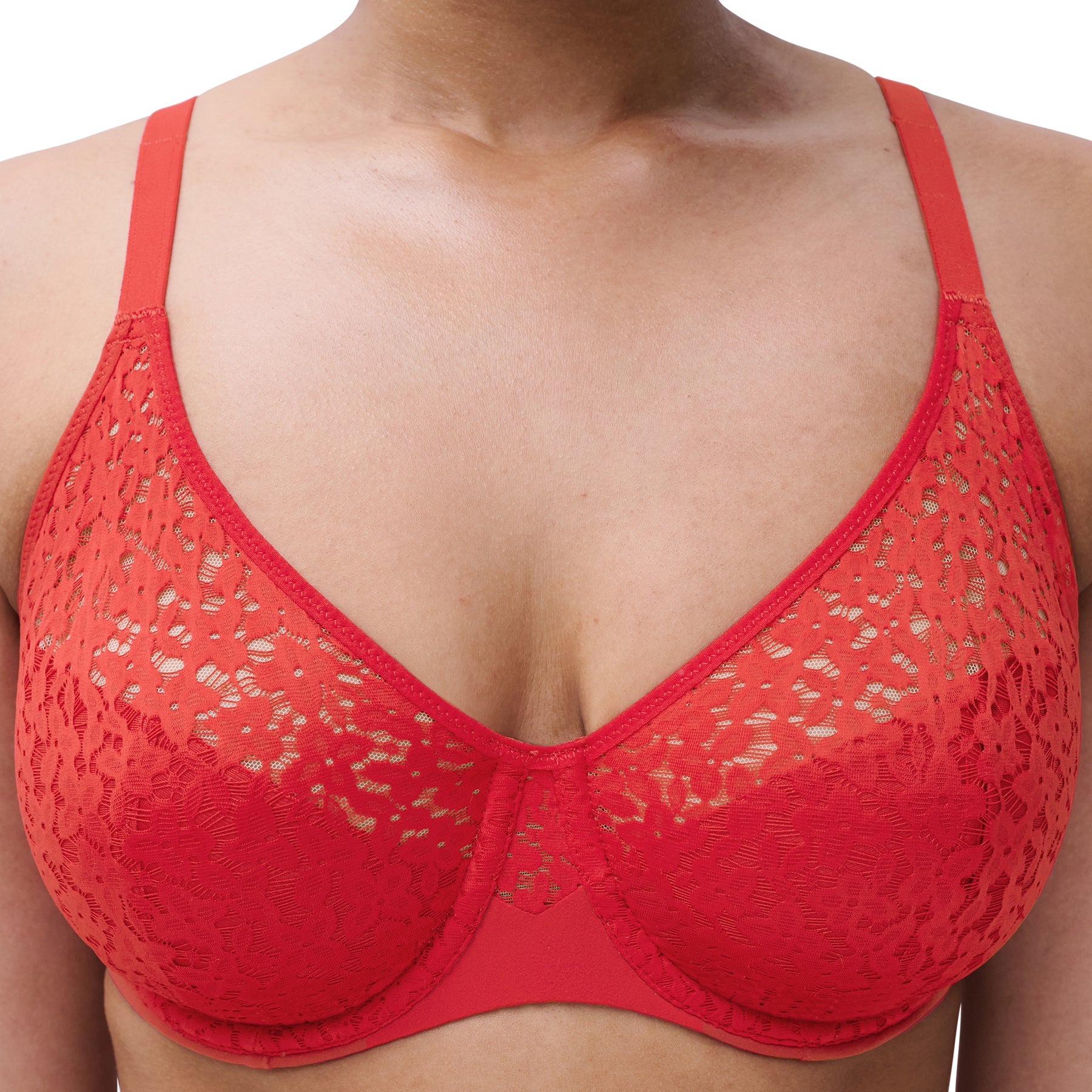 Chantelle Norah Full Cup Bra in Poppy Red – close-up of floral lace cups with underwire support, showing smooth lift and breathable comfort.