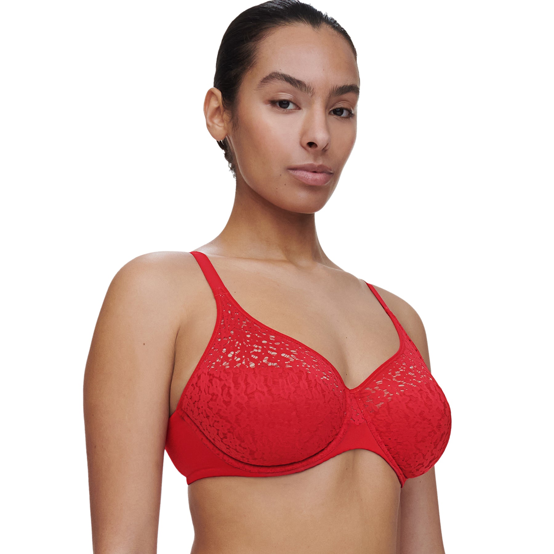 Chantelle Norah Full Cup Bra Poppy Red – angled view showing stretch lace cups, supportive fit, and smooth side panel for a flattering silhouette.