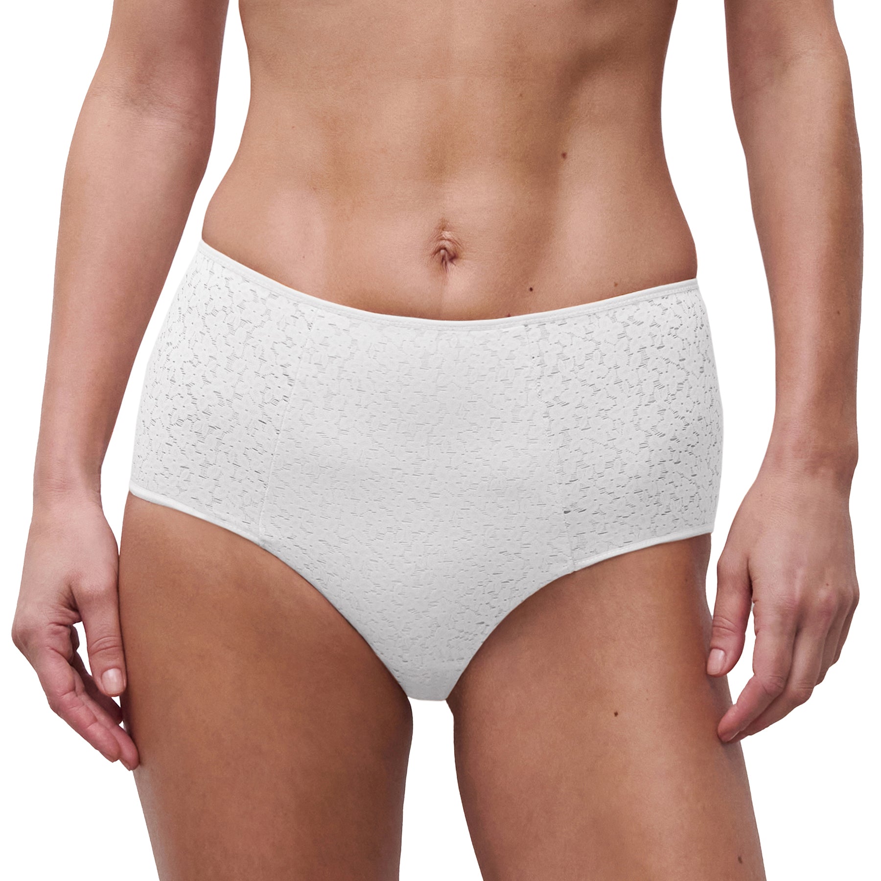 Front view of Chantelle Norah Light Control Full Brief in white on model, featuring light shaping and lace detail