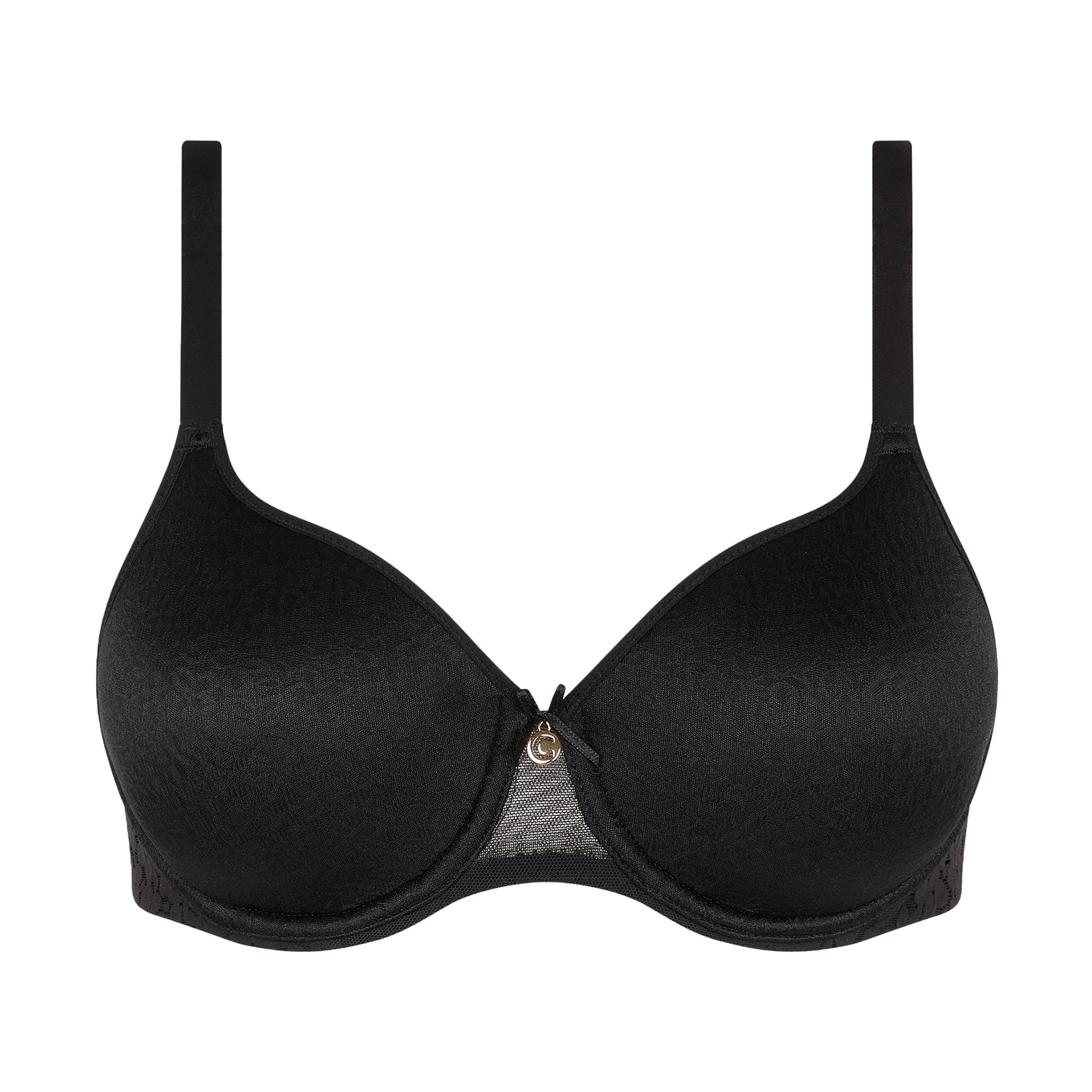 Chantelle molded full cup underwired spacer bra in black. Front view without model.